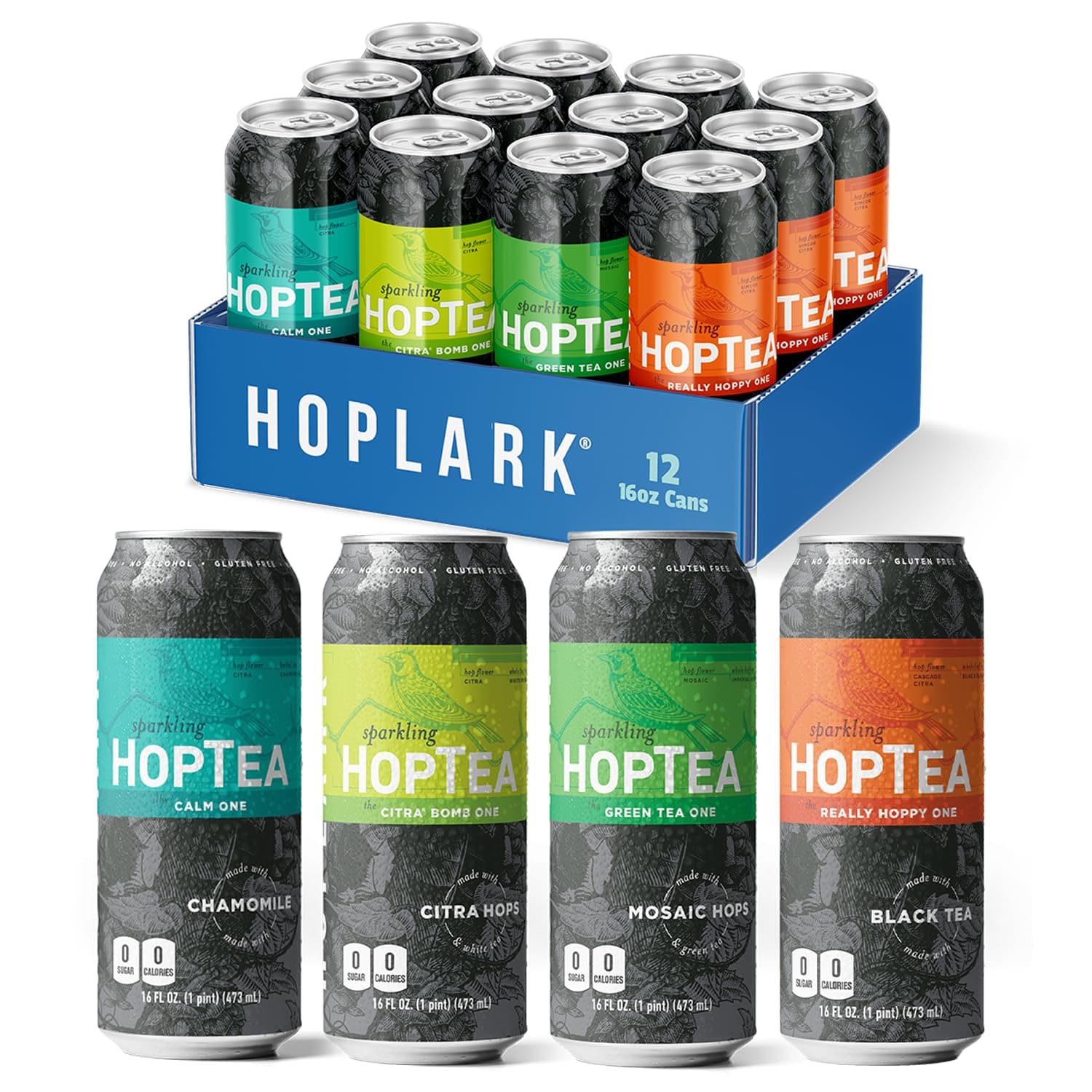 HOPLARK Sparkling HopTea – CORE MIXED PACK – Tall 16fl oz Cans (Pack of 12) - Sparkling Tea Sampler Featuring Green Tea, White Tea, Black Tea ,and Chamomile – Zero Calorie – Unsweetened – Caffeinated and Caffeine-Free