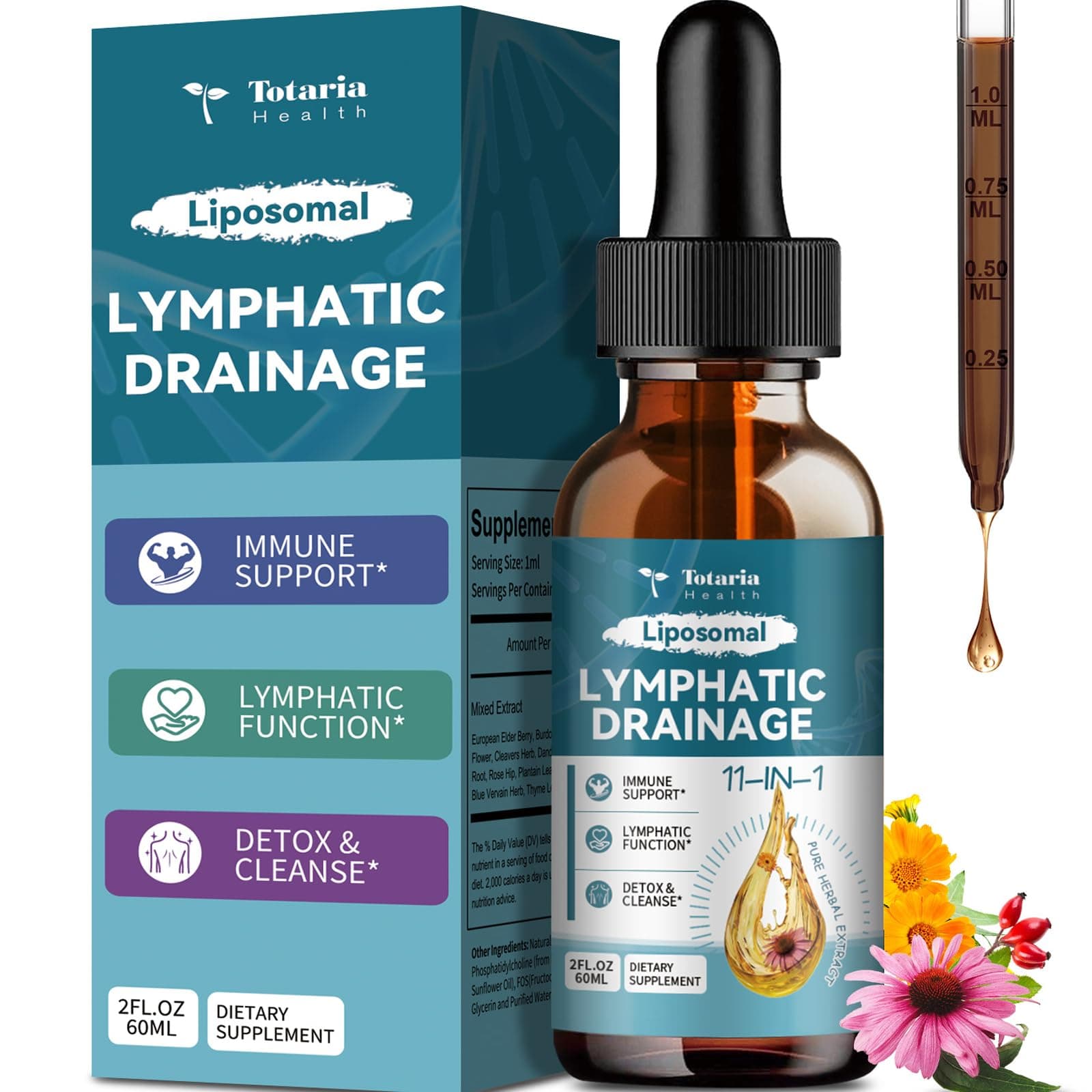 Liposomal Lymphatic Drainage Drops - 11 In 1 Organic Lymphatic Drainage Supplement with Burdock Root, Echinacea, Elderberry, Calendula, Cleavers Herb, Dandelion Supports Lymphatic Health 2 FL.OZ