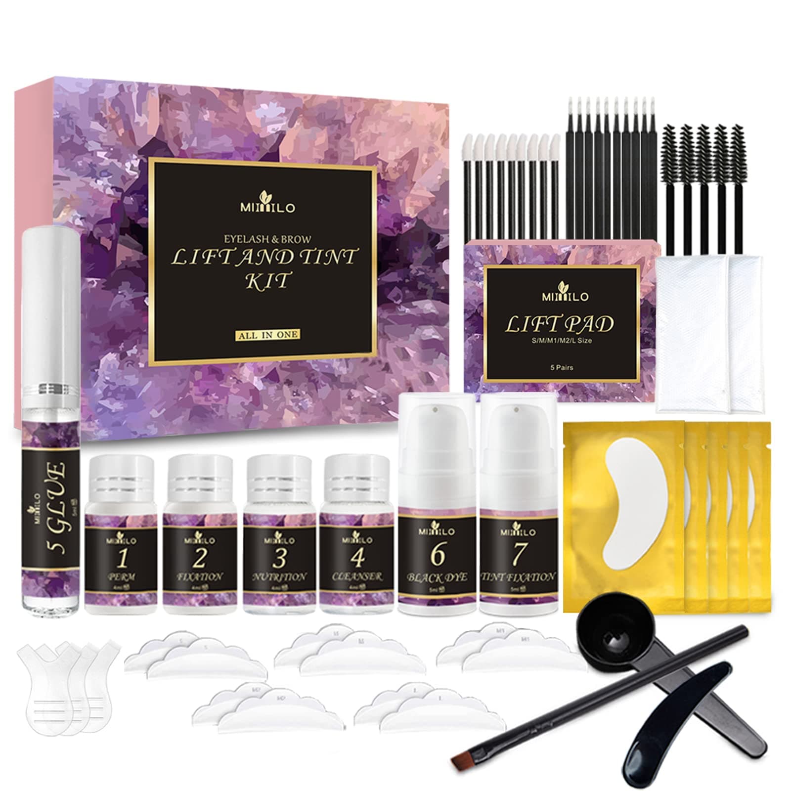 4 in 1 Lash & Brow Lift and Coloring Kit, Professional Eyelash Perm Kit and Brow Lamination Kit, Black Eyelash & Eyebrow Color set, Long Lasting for 8 Weeks, Suitable for Salon & Home Use DIY (black)