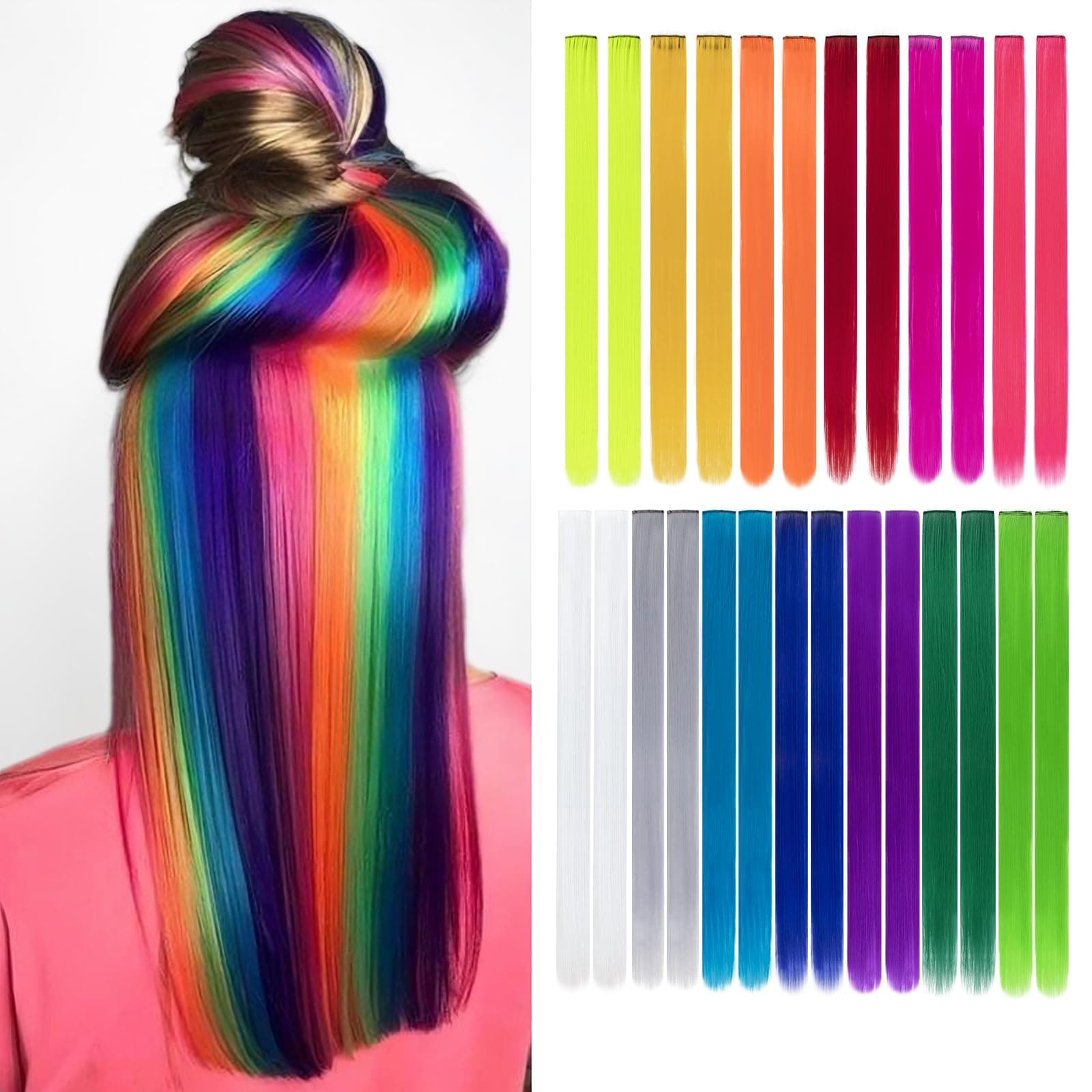 26 Packs Colored Hair Extensions 20Inch Straight Multi-Colors Party Highlights Clip In Hair Extension Synthetic Rainbow Hairpieces for Girls Gift(13 colored)