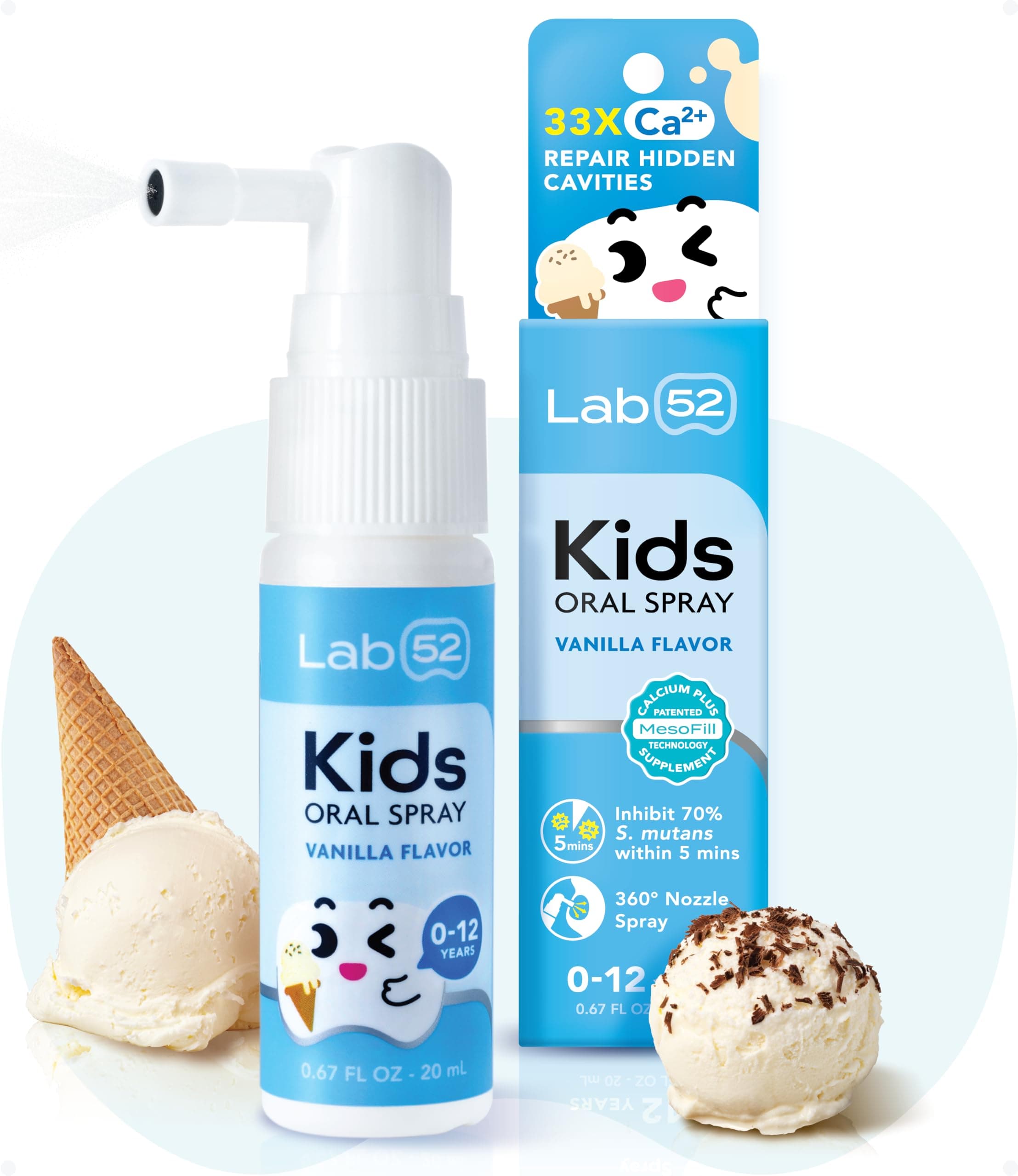 LAB52 Kids Oral Spray, Toddler Toothpaste Helper for Daily Oral Care and Fresh Breath, Children Approved with Fluoride Free for Newborn to Preschoolers, Xylitol Vanilla Flavor