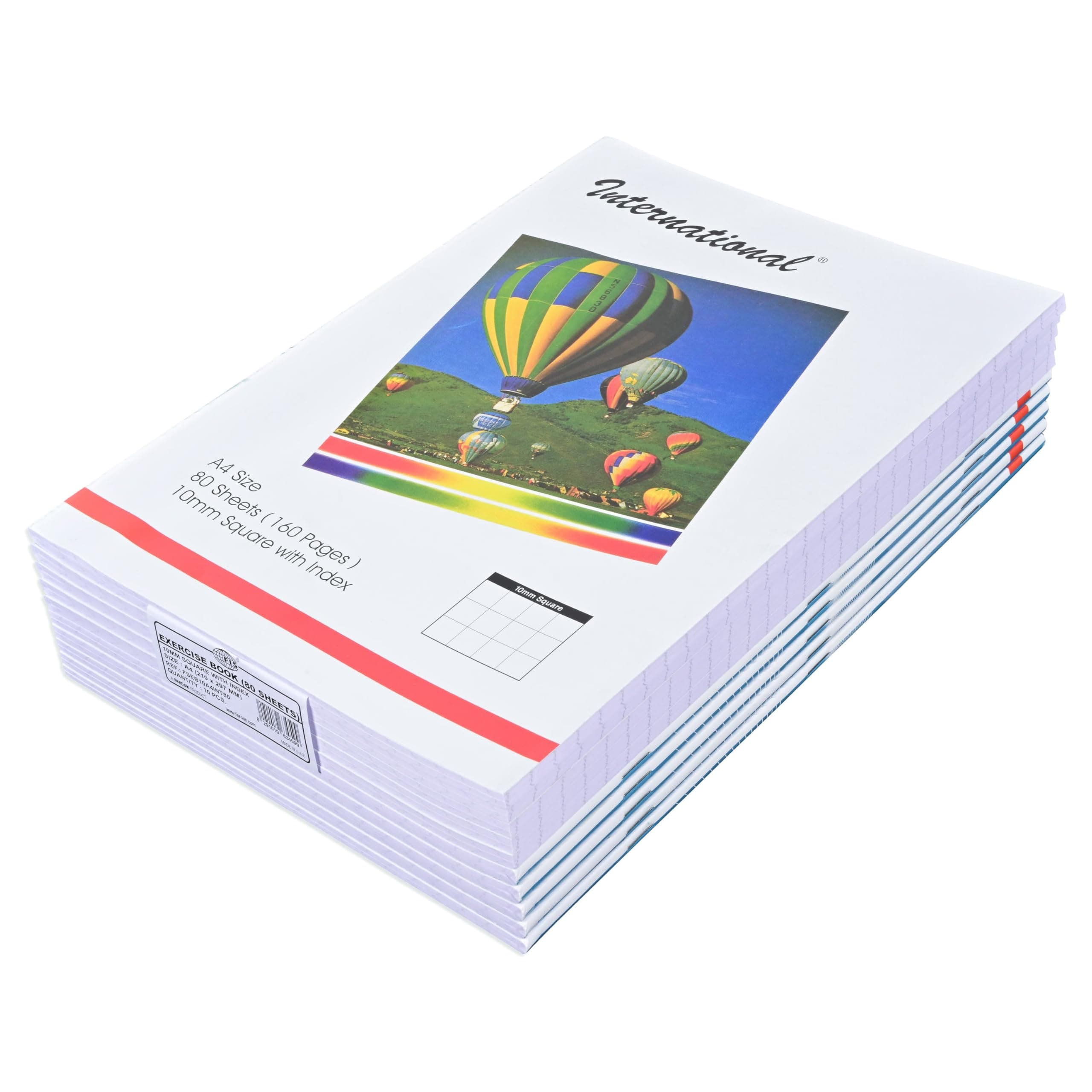 FIS International Exercise Books, Size A4(210x297mm), 10mm Square Grid Lines, 160 Pages, Packet of 10 Pieces, Color White-FSEB10A4INT80
