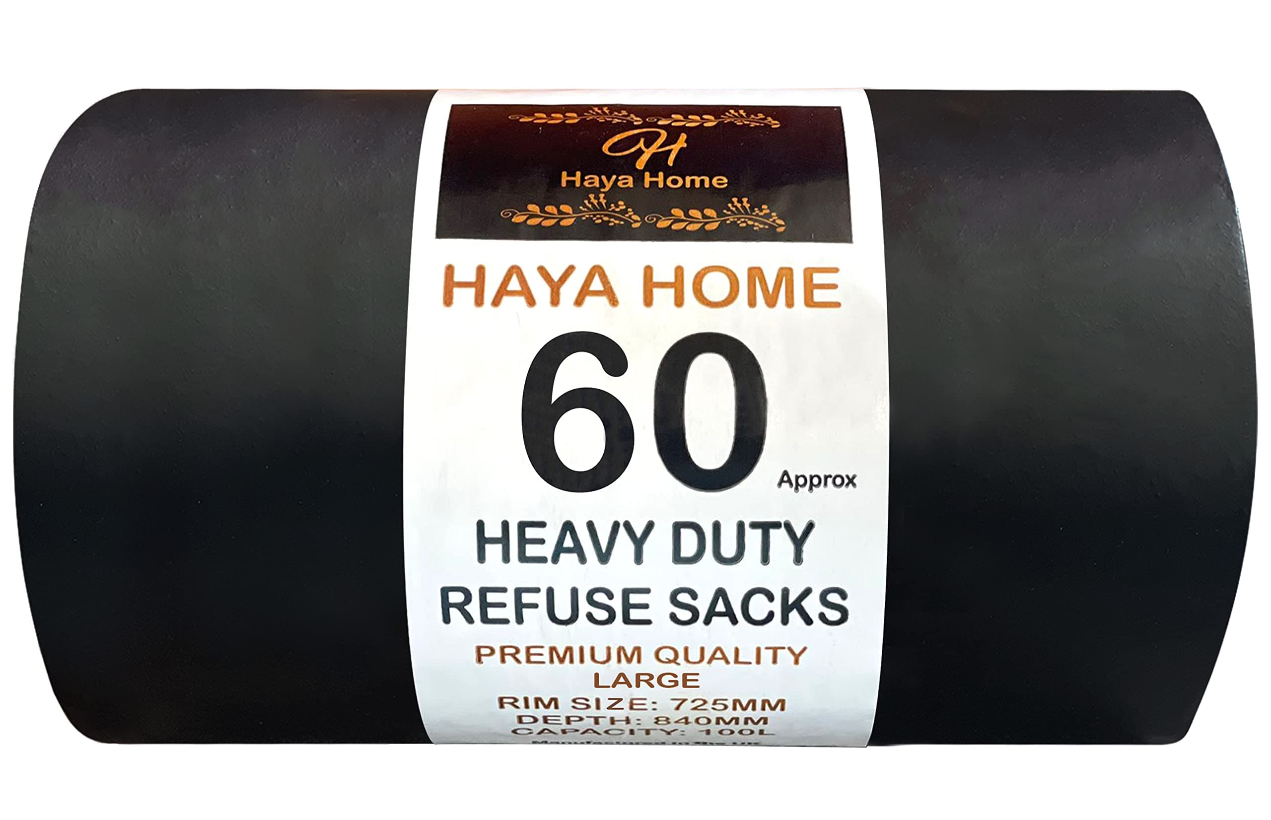 Haya Home 60 Black Plastic Bin Bags Heavy Duty Bin Liners, Refuse Sacks Heavy Duty Waste Dustbin Bags roll 100L for Kitchen Home Office DIY Garden Made from 100% Recycled Material