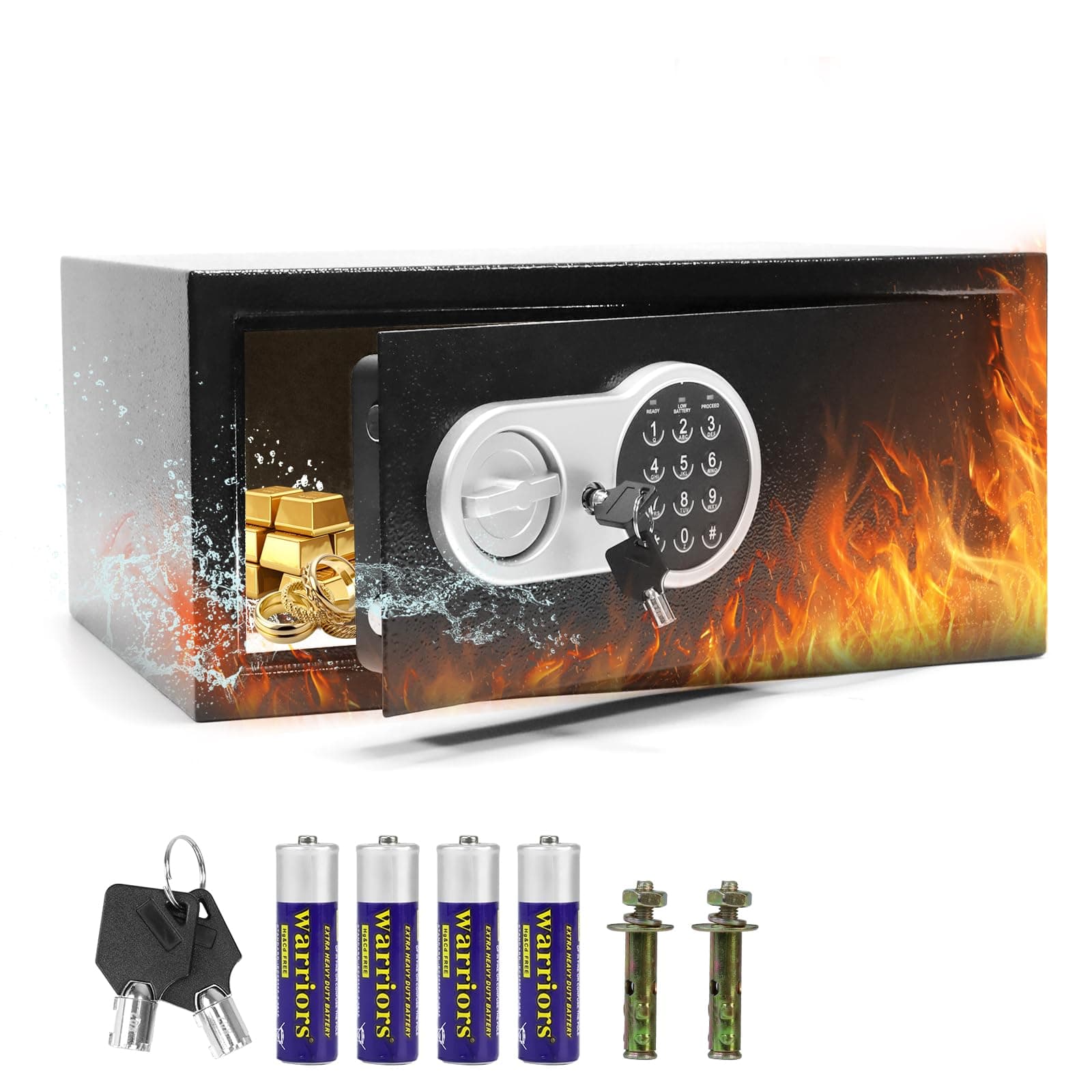 Hotel Safe Box, Wide Safe (33x43x20cm), large steel safe with hotel style digital lock and key for home, office and business, protects cash, laptops, jewelry, documents and passports. (Black)