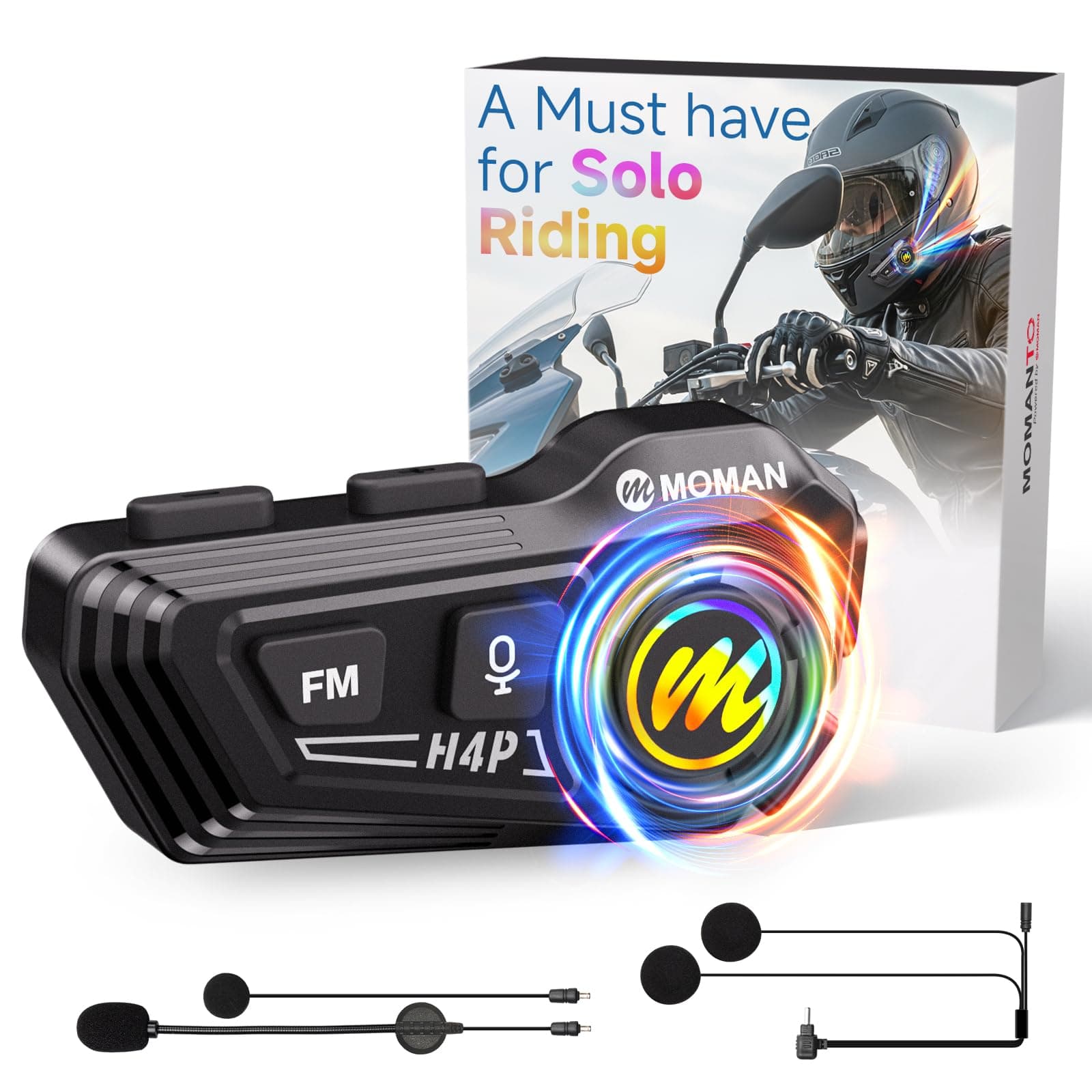 Motorcycle Helmet Speakers-1000mAh Strong Battery, RS-H4P Motorbike Helmet Headset Dual Noise Reduction with Hi-Fi Soft/Hard Mic/IPX6/RGB/FM/Music Control/AI Voice/Headphone for Solo Riding