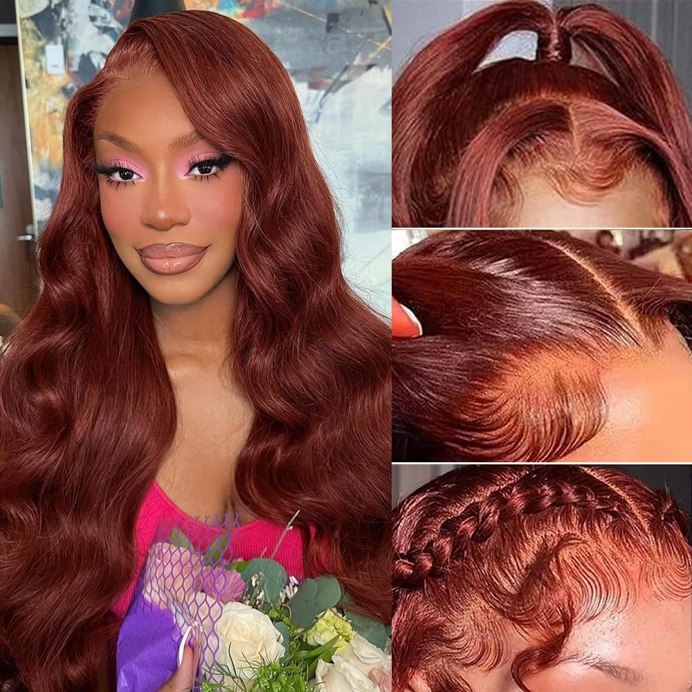 Reddish Brown Lace Front Wigs Human Hair Pre Plucked 13x4 Auburn Colored Human Hair Lace Front Wigs 200 Density Body Wave Reddish Brown Frontal Wig Human Hair 22 Inch