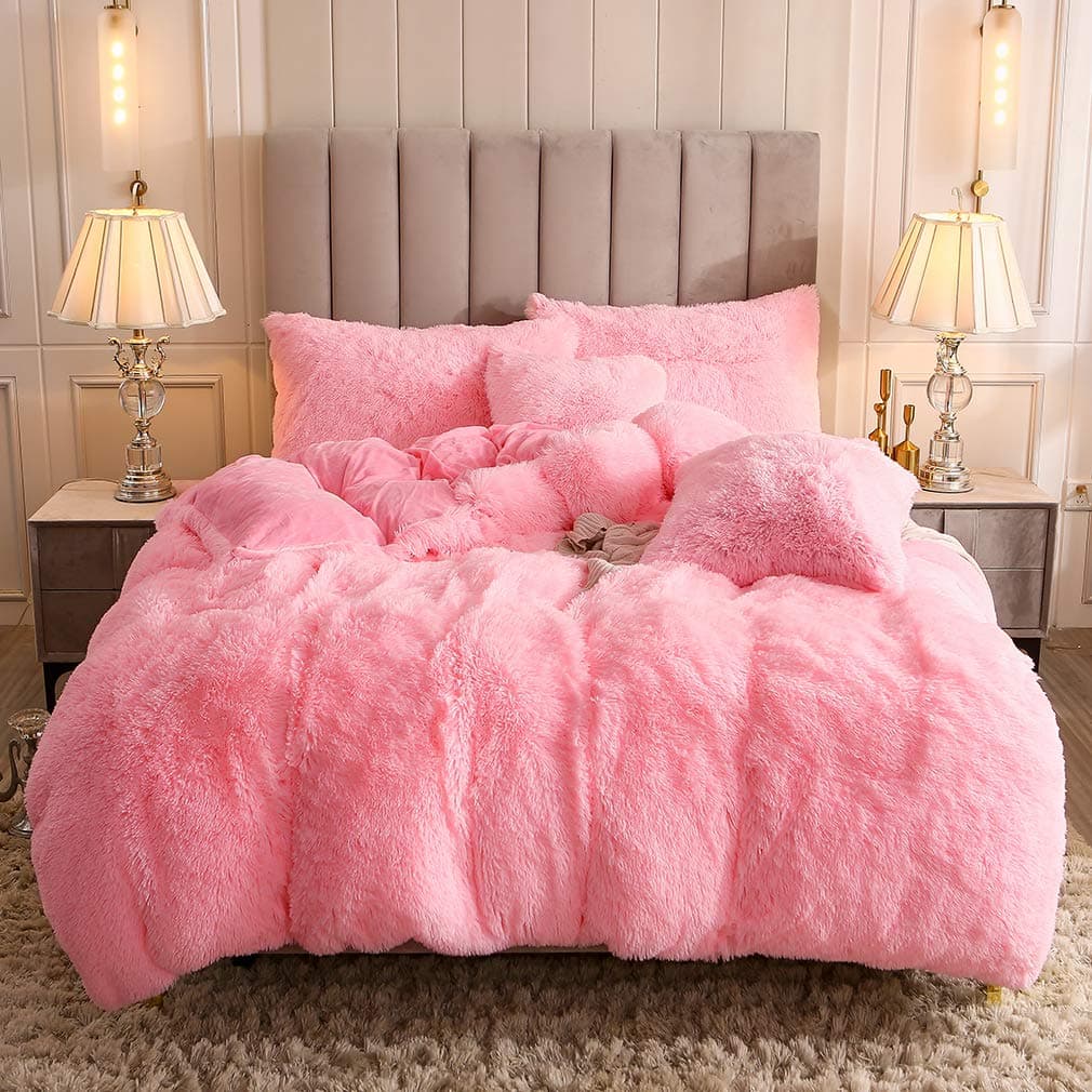 Uhamho Faux Fur Velvet Fluffy Bedding Duvet Cover Set Down Comforter Quilt Cover with Pillow Sham, Ultra Soft Warm (Twin, Pink)