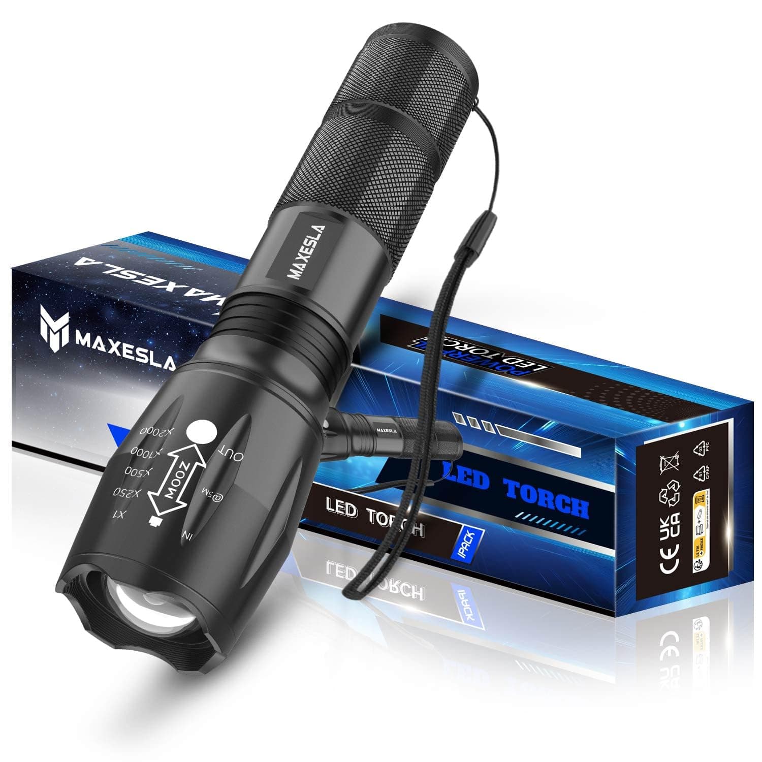 Maxesla LED Torch 2000 Lumens Gifts for Men Dad Kids, Zoomable Torches Led Super Bright Flashlight, Powerful Torches Battery Powered Water Resistant 5 Modes Mini Tactical Torch for Camping Xmas Gifts