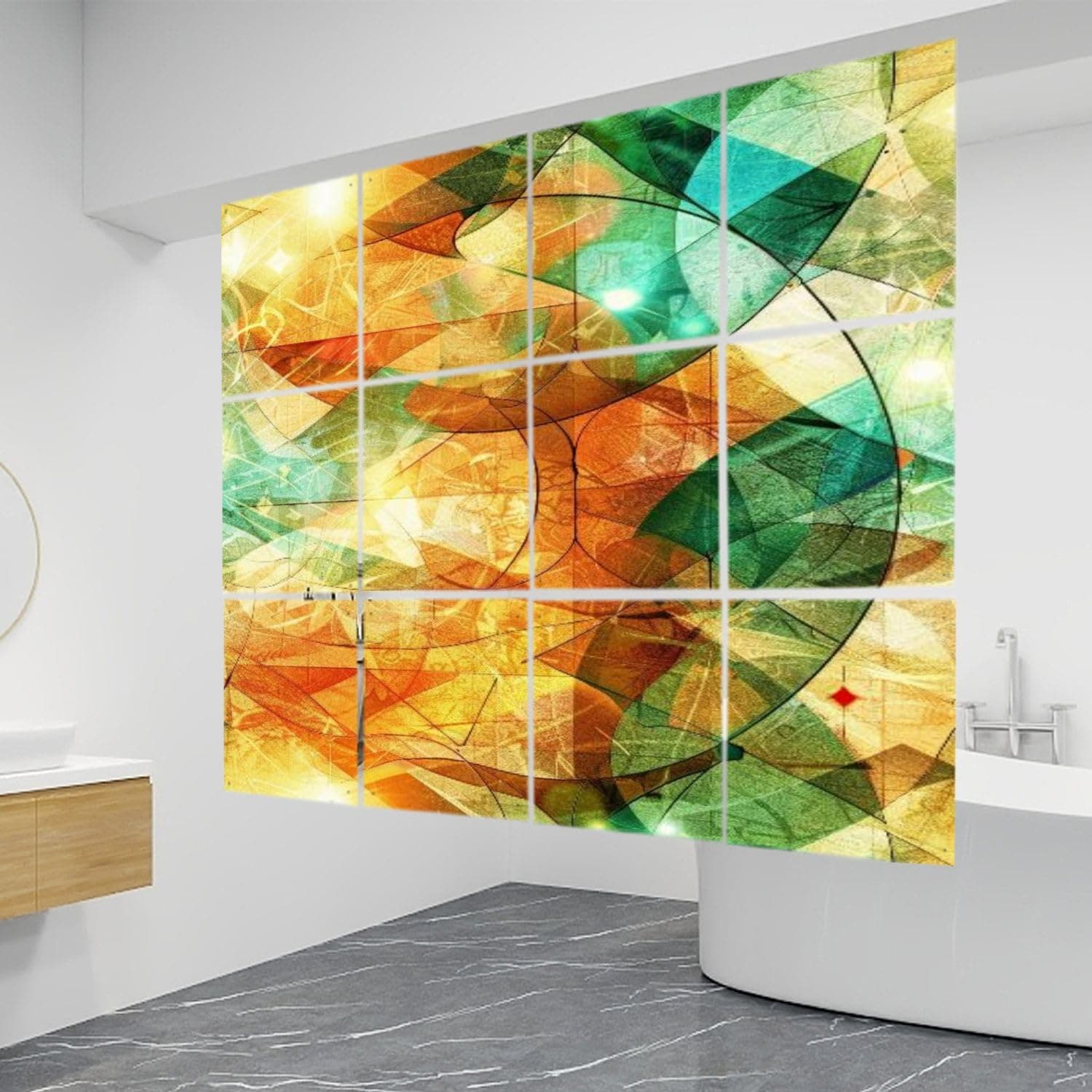 12 PCS Hanging Room Divider Candlelit Stained Glass Artwork Turquoise Hues Decorative Solid PVC Board Screen Panels Room Partition Wall Screen Panels for Bedroom Living Dining Room