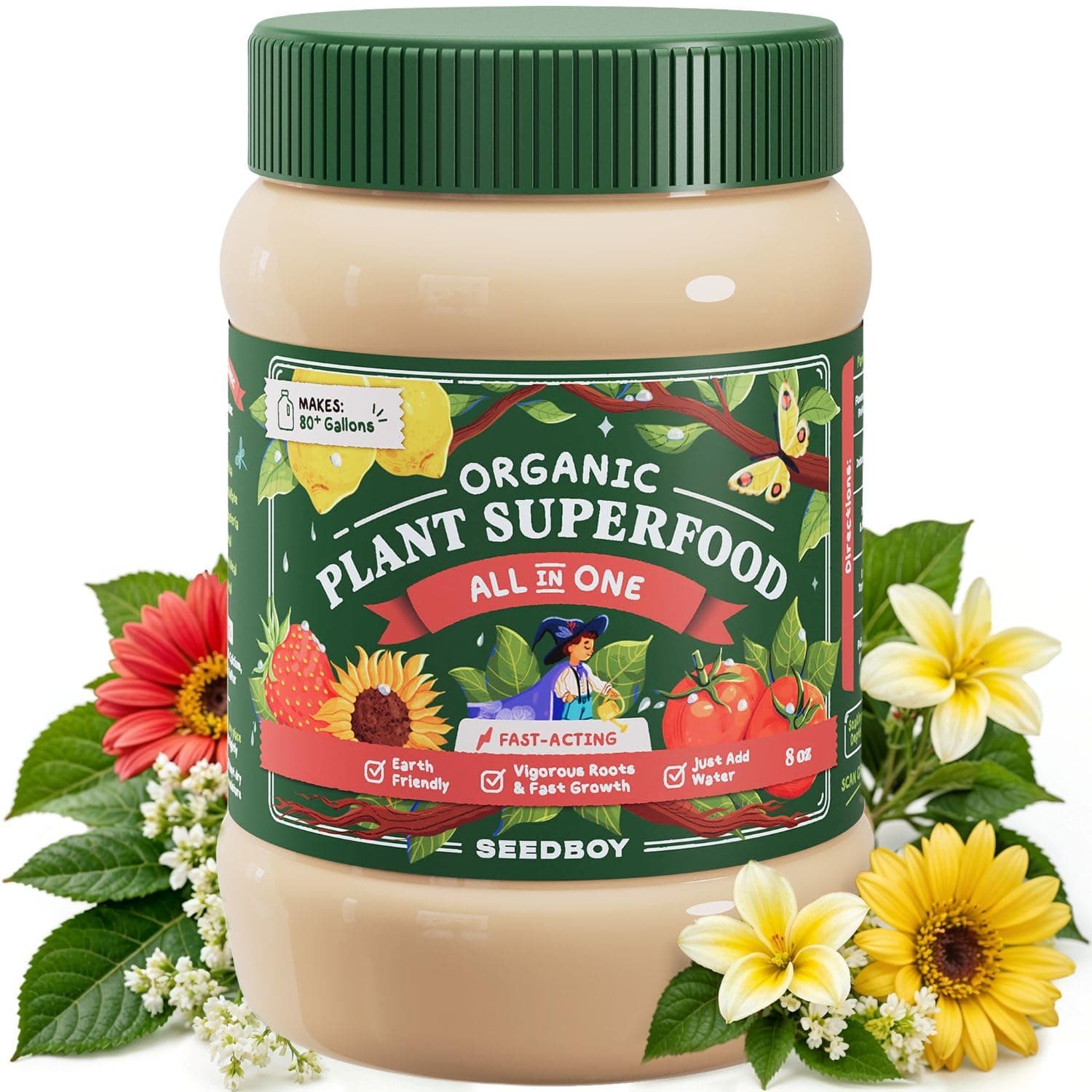 Seedboy 100% Organic Fertilizer for Indoor & Outdoor Plants – Fast-Acting, Water-Soluble Fertilizer, All-in-One Superfood for Vegetables, Flowers, Herbs & Houseplants (8 oz. Makes 80 gallons)