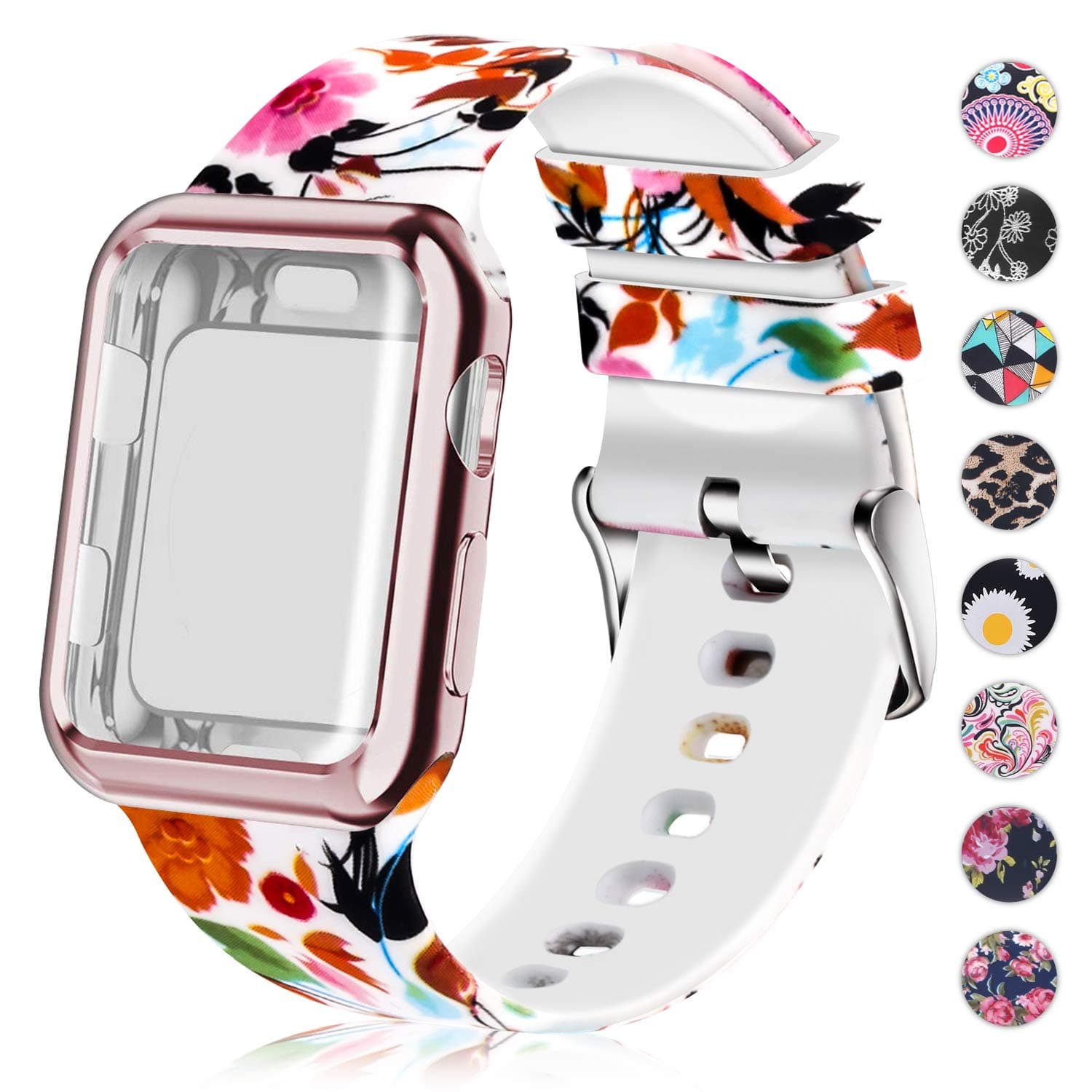 Compatible for Apple Watch Band 38mm Women with Screen Protector Case, Soft Silicone Sport Wristband for Apple Watch iwatch Series 3 2 1 (38mm,Flower)