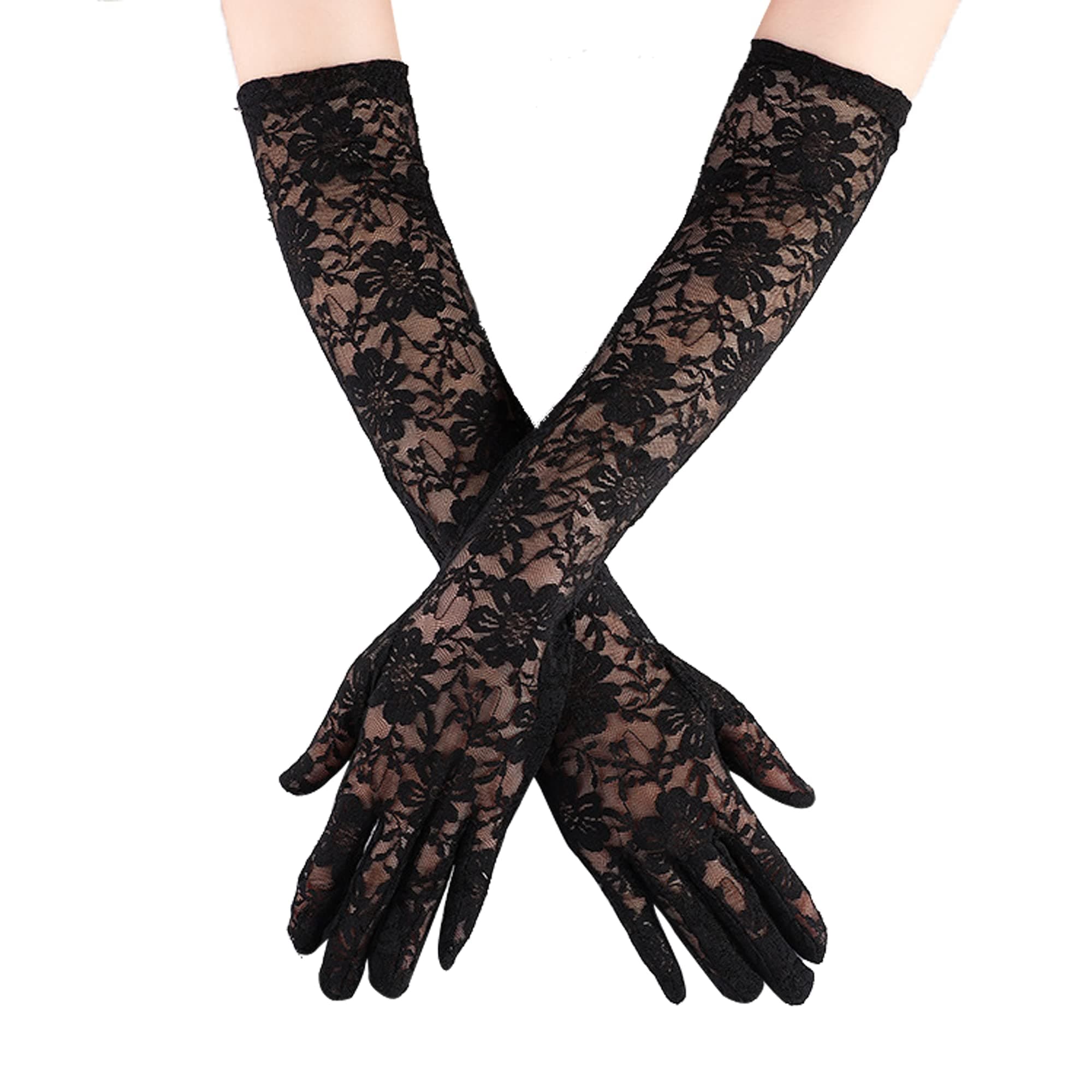 IRYNA Long Lace Gloves - Black Elbow Length Opera Silk Hand Sleeves for Evening Party