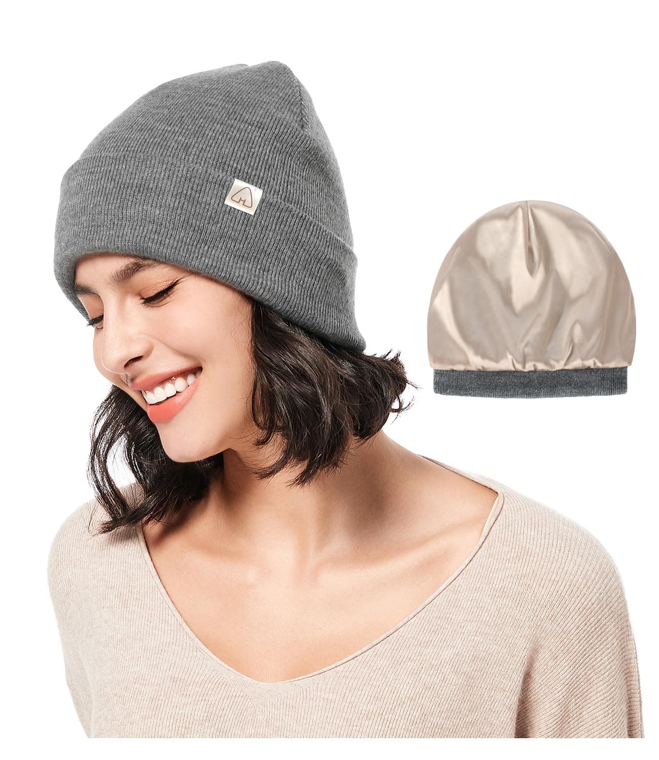 Hat Hut Satin Lined Beanie for Women Men Winter Hats for Women Silk Lining Slouchy Beanie Ski Hat Warm Unisex Cuffed Beanie