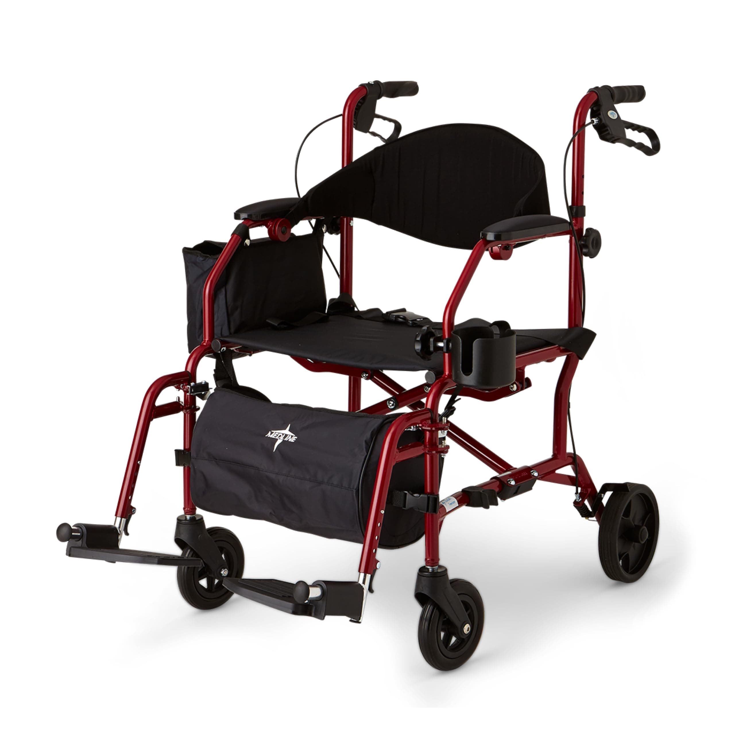 Medline Red Combination Rollator and Transport Chair, Desk-Length Arms, Swing Away Footrests, Red Frame