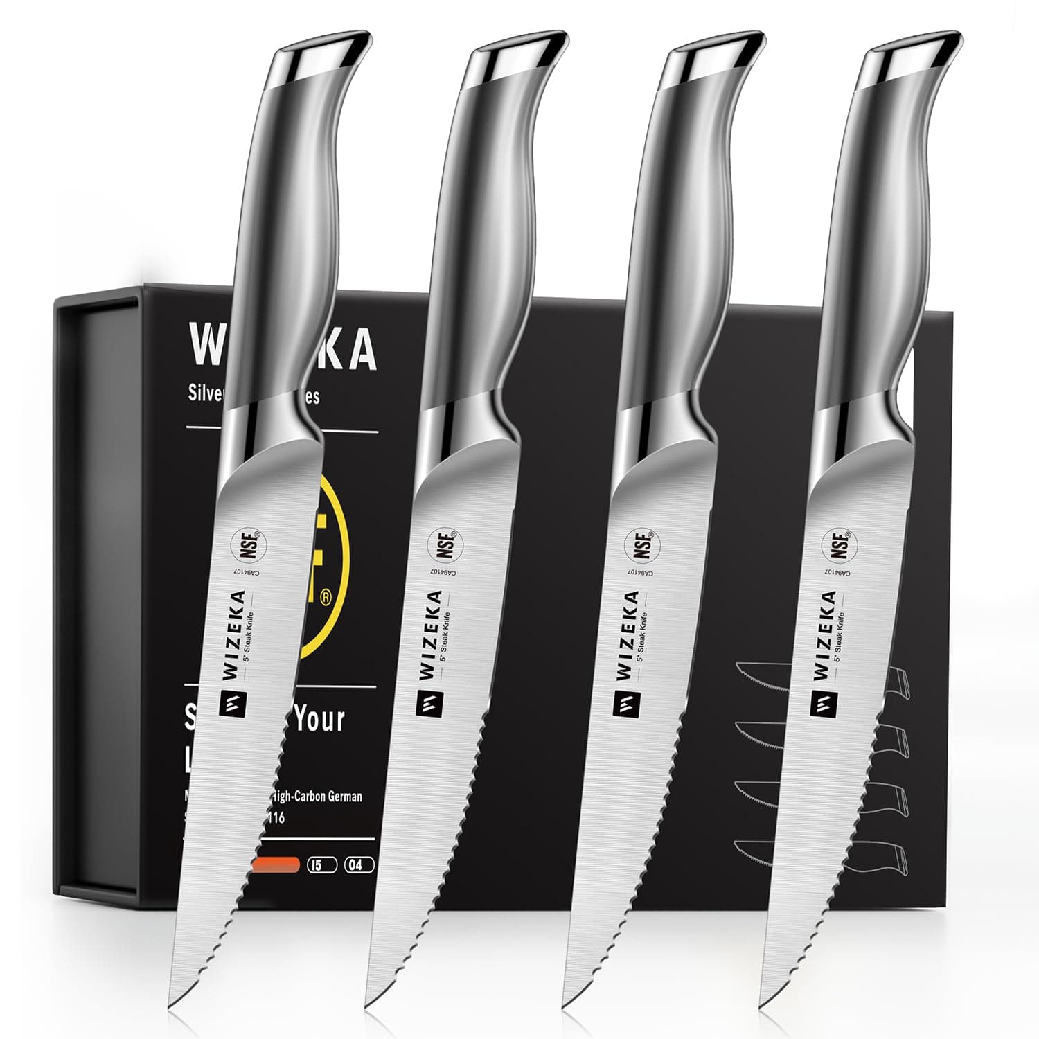 WIZEKA Steak Knives Set of 4 - German Stainless Steel - 5 Inches Serrated Straight Edge Steak Knife Set, One Piece Design Knife Set of Steak with Box, Silver Wings Series