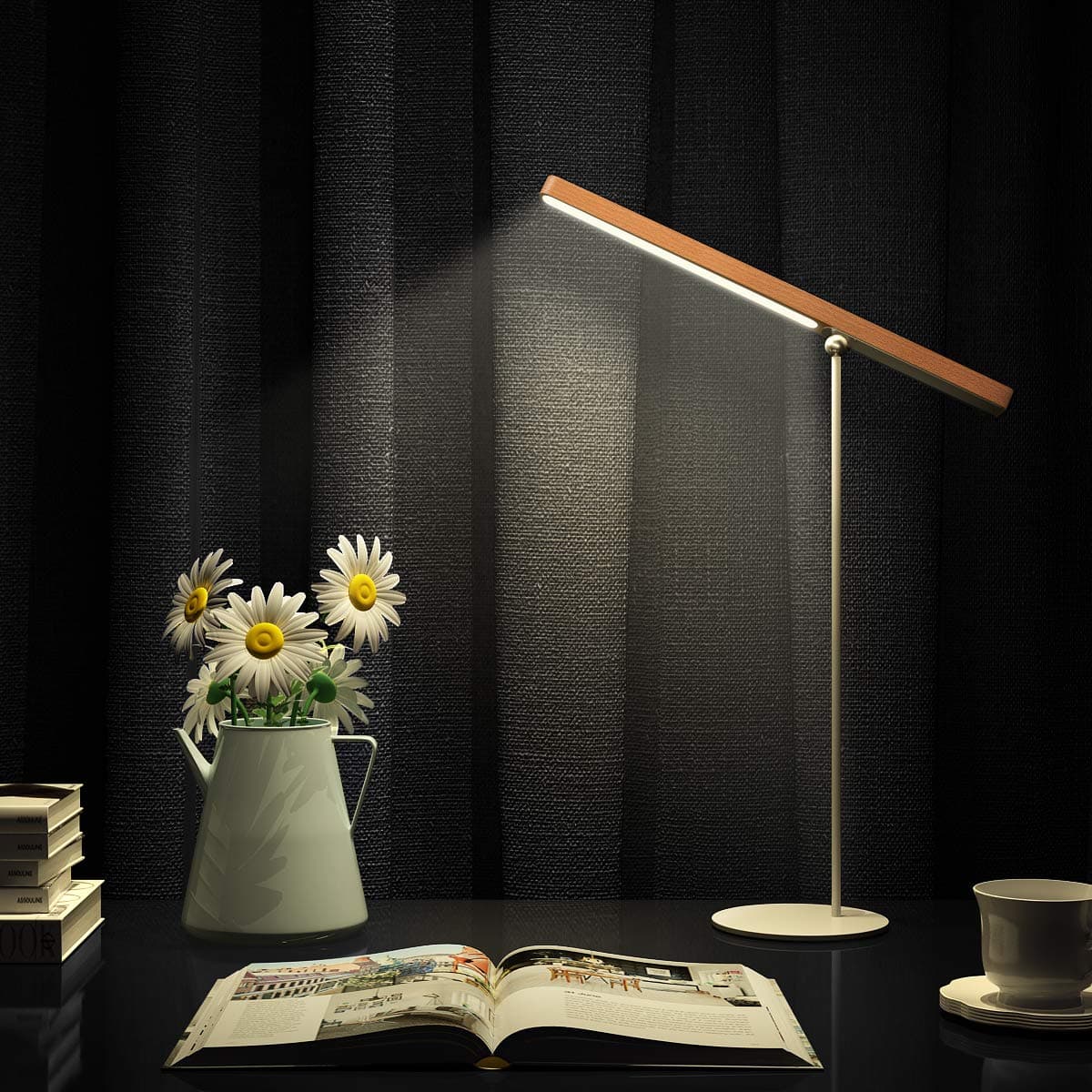 YiLaie LED Desk Lamp [Modern Wooden Dimmable 360°Adjustable] Desk Light, USB Rechargeable Cordless Portable Desk Lighting, Battery Powered Lamps for Office College Dorm Study Home Bedroom Bedside