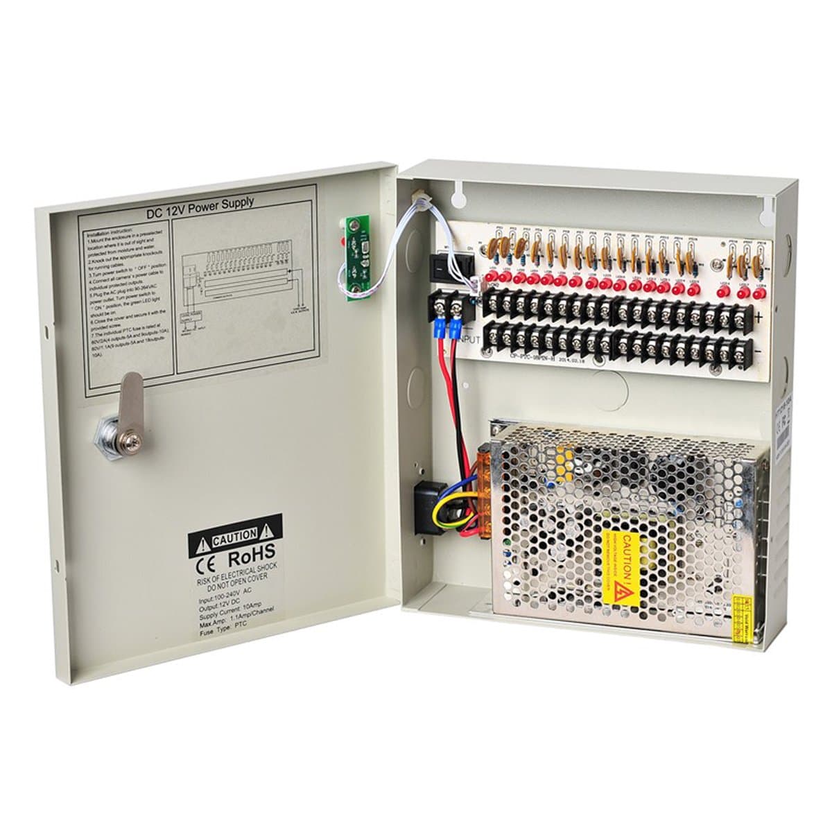 18 Channel Output 12V DC 10A Auto Reset Fuse Distributed Power Supply Switch Box for CCTV DVR Security Camera