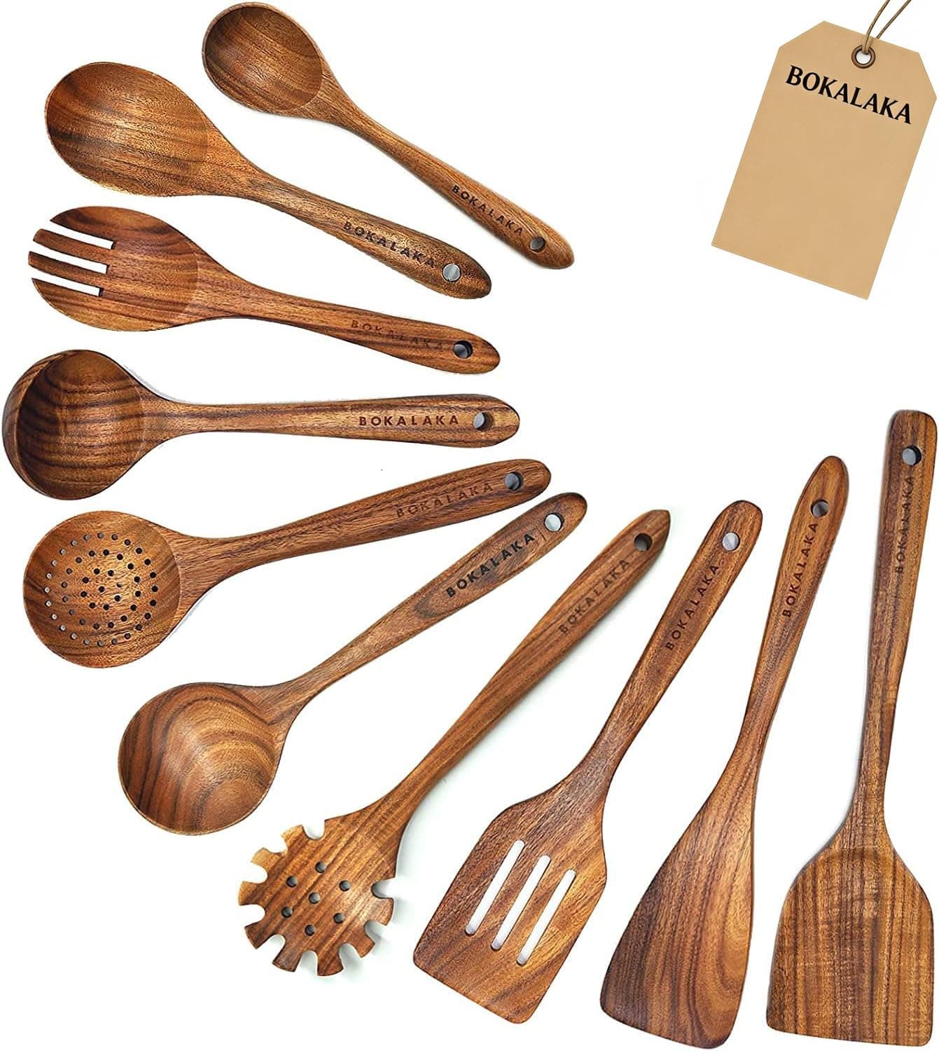 10 Pcs Natural Teak Wooden Cooking Utensils Set - Kitchen Spatulas and Spoons for Cooking