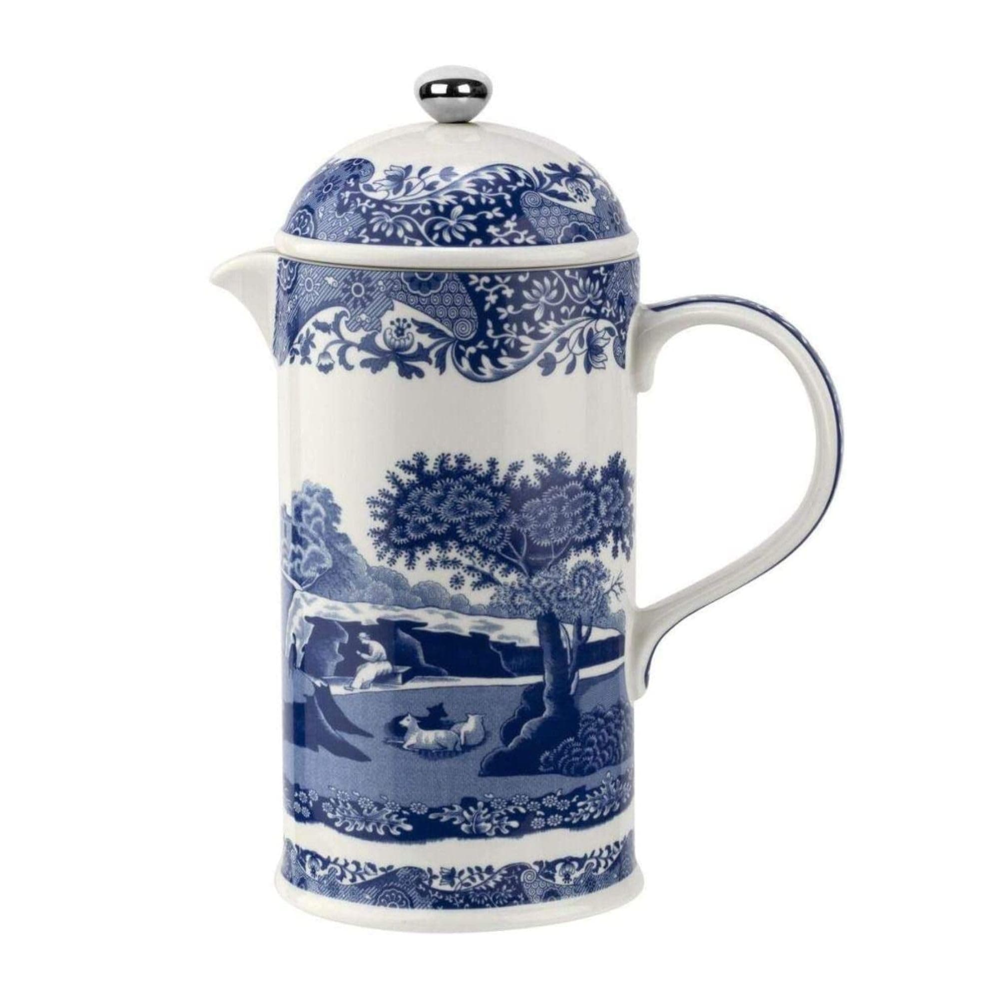 Spode Blue Italian French Press | 28-Ounce Capacity | Espresso, Coffee, and Tea Maker | Porcelain Cafetiere | Stainless Steel Plunger | Dishwasher Safe (Blue/White)