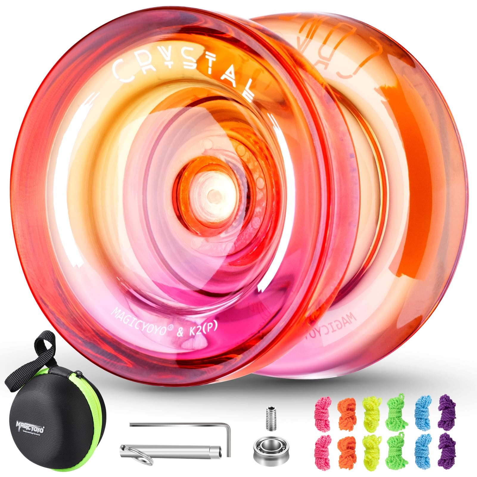 MAGICYOYO K2 Crystal Yoyo Professional Responsive Yoyo for Beginner, Double Colors Plastic Yo-Yo, Dual Trick Yo Yo with 12 Yo-yo Strings, Case Bag + Accessory Kit (Pink + Orange Gradient)