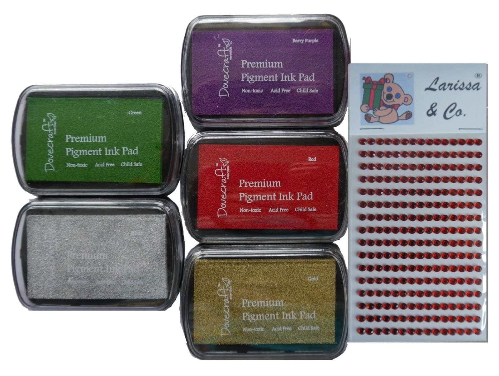 Set of 5 PIGMENT INK PADS Rubber stamping Traditional CHRISTMAS Colours plus Larissa Exclusive Sparkly Gems