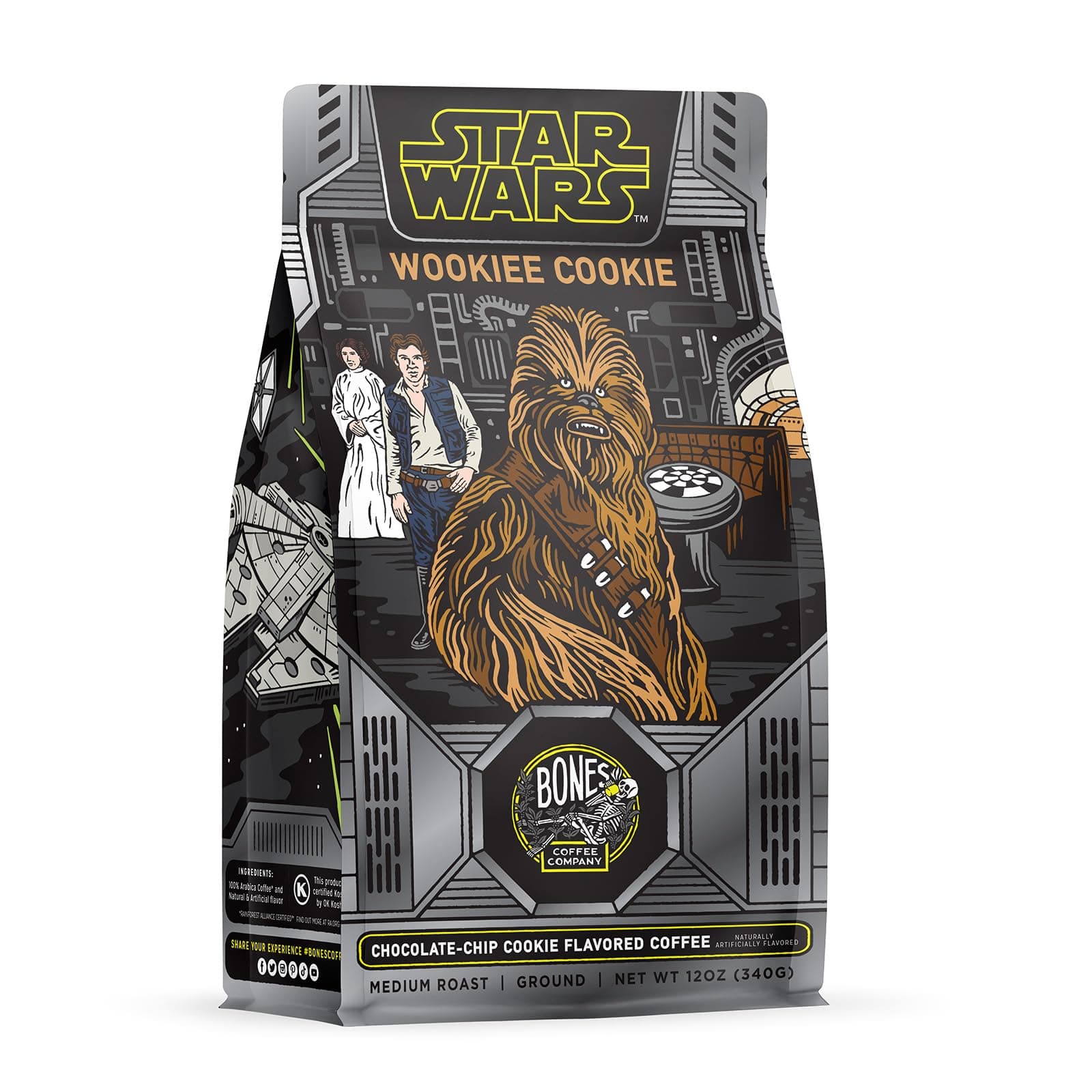 - Bones Coffee Company Star Wars Wookiee Cookie Chocolate Chip Cookie Flavored Coffee, Medium Roast Low Acid Arabica Beans Compatible with Auto drip and French Press Coffee Maker, 12 Oz Ground