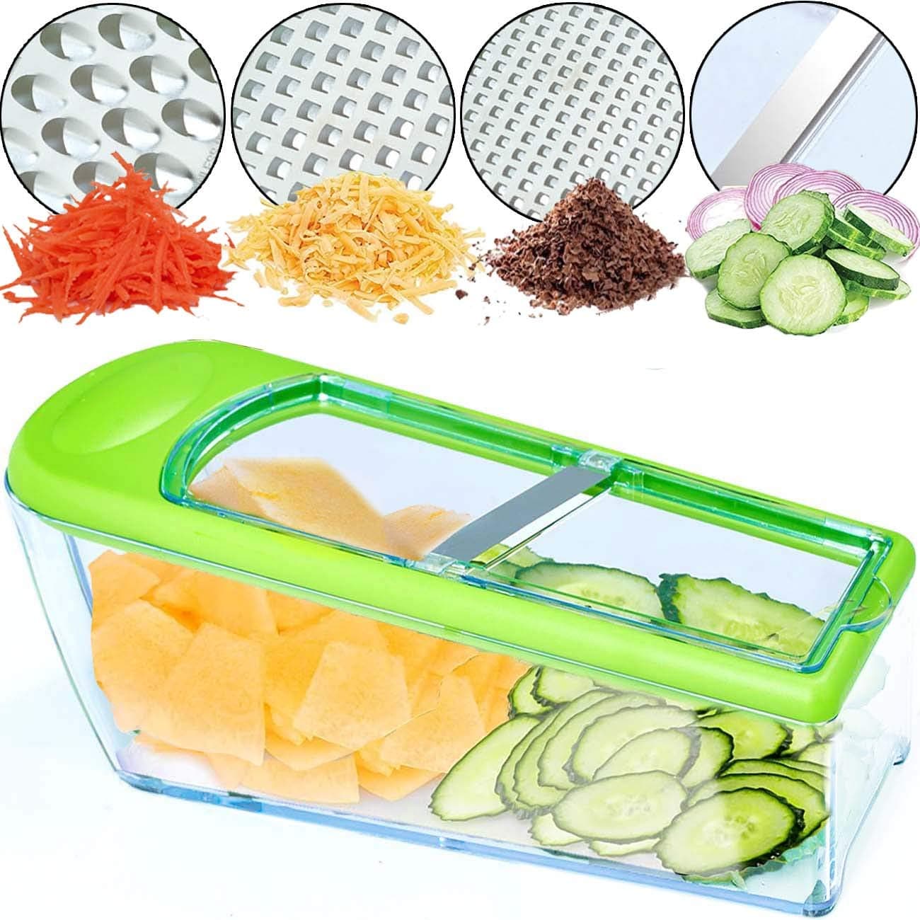 LHS Mandoline Slicer, 4 Sharp Stainless Steel Blades with Food Storage Container — Kitchen Tools for Cheese, Chocolate, Vegetables& Fruits - Dishwasher Safe