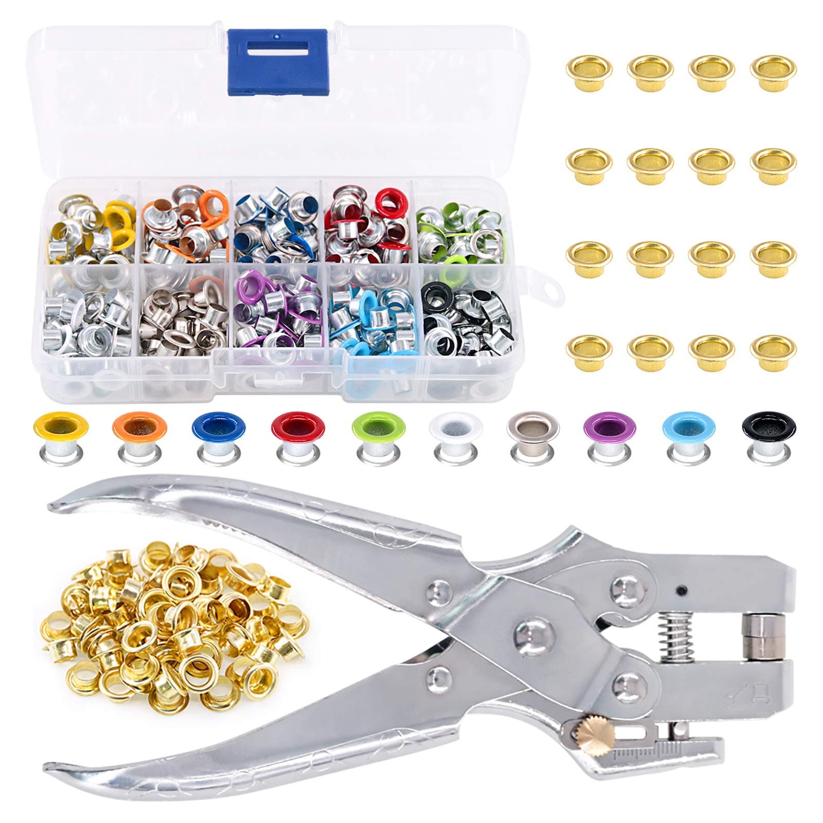 Swpeet 300Pcs 10 Colors 3/16 Inch Metal Grommets Kit And 1Pcs Eyelet Hole Punch Pliers With 100Pcs Gold Grommets, Eyelets Kits Shoe Grommet Sets For Leather Fabric Belt Clothes