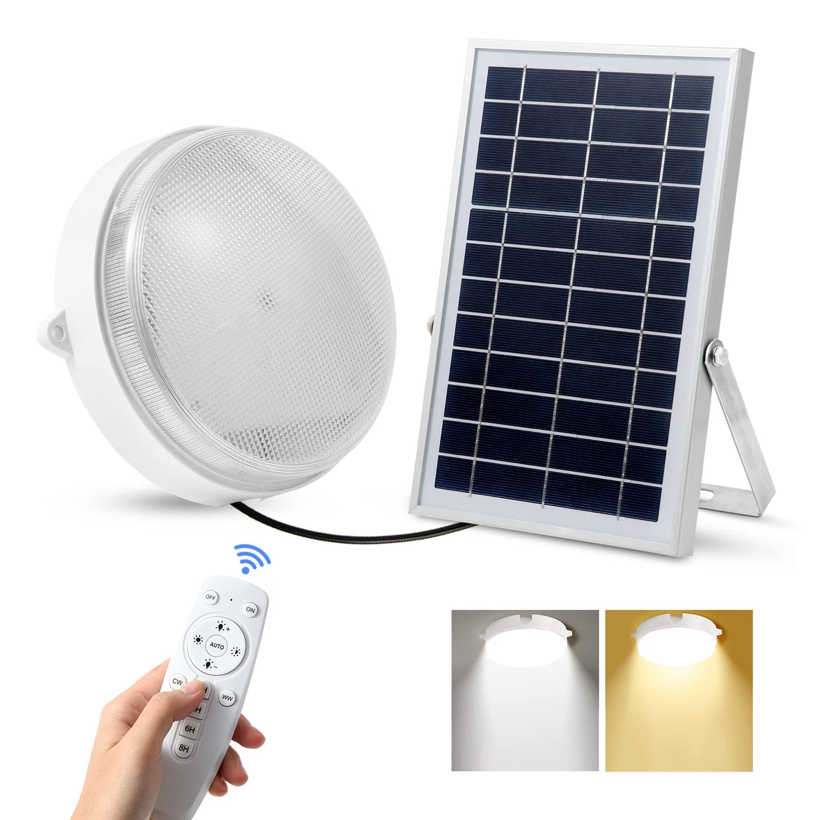 Solar Ceiling Lights-Indoor Outdoor, Daytime & Dimmable 1000LM Solar Shed Light with ON/Off Switch & Remote, Cool/Warm White Barn Light for Yard, Patio, Shop, Porch, Chicken Coop