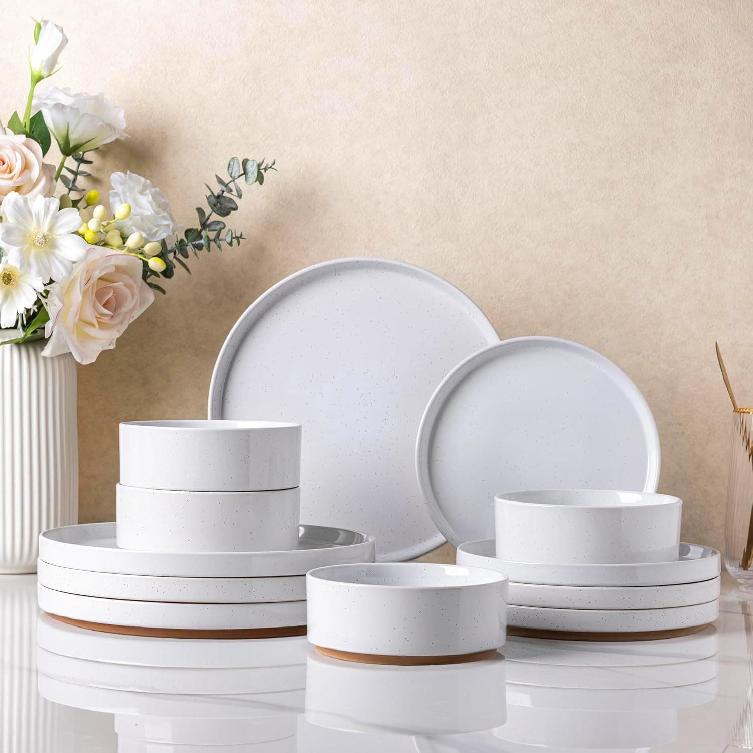 AmorArc Ceramic Dinnerware Set for 4 | Speckled Stoneware Plates and Bowls with unglazed terracotta | Scratch Resistant, Dishwasher & Microwave Safe Dishes Sets- 12-Pcs Milk White