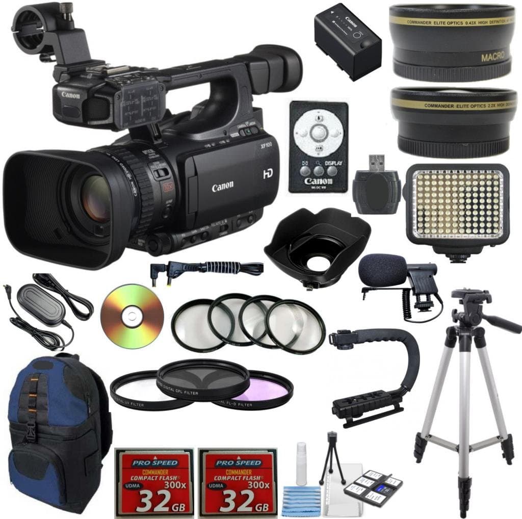 Canon XF100 Professional Camcorder w/ 10x HD Video w/ .43x Wide Angle Lens +2.2x Telephoto Lens +Video LED Light +22pc Accessory Kit - International Version