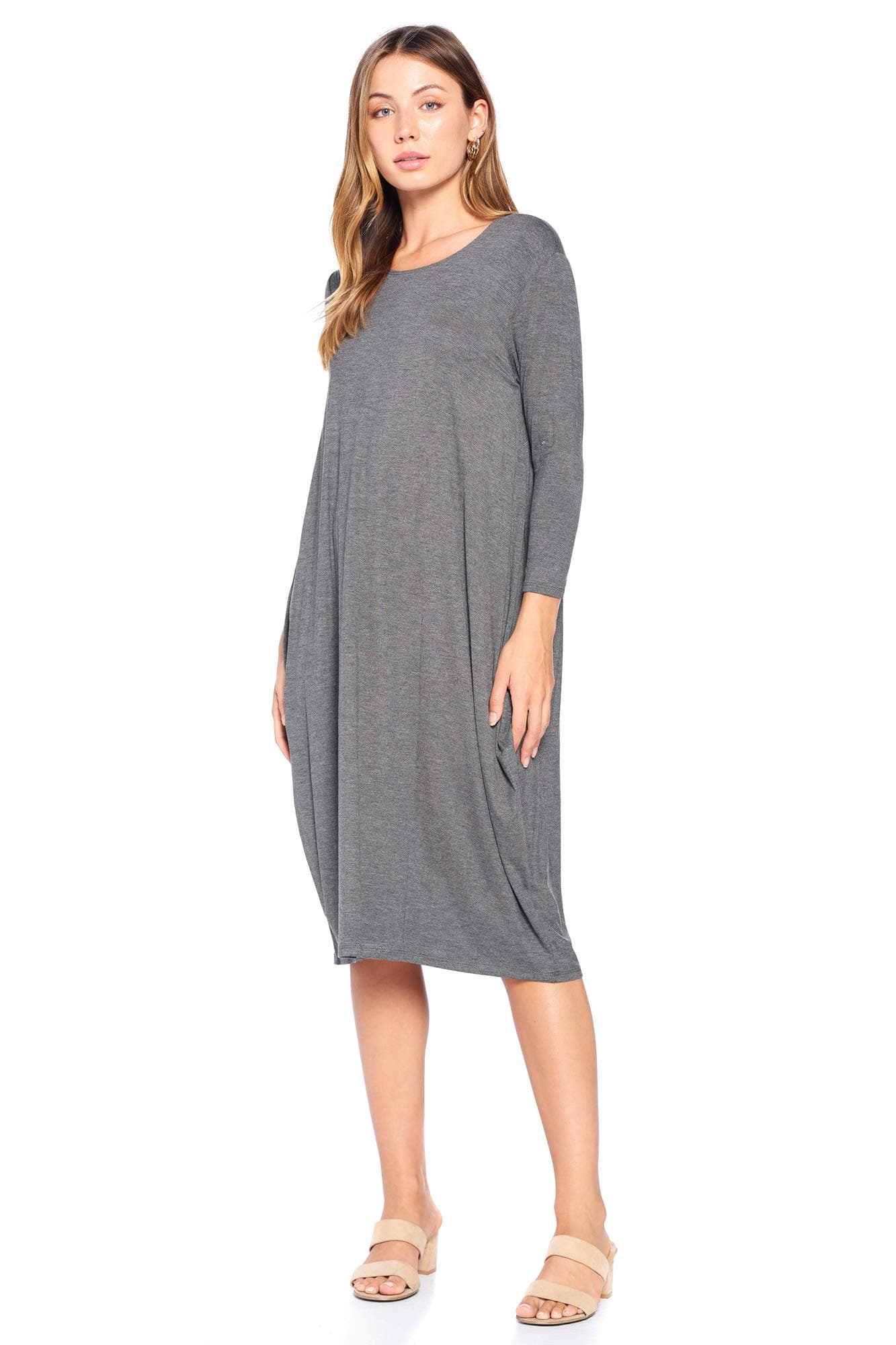 12 Ami Round Neck 3/4 Sleeve Tulip Hem Midi Dress (S-XXL) - Made in USA