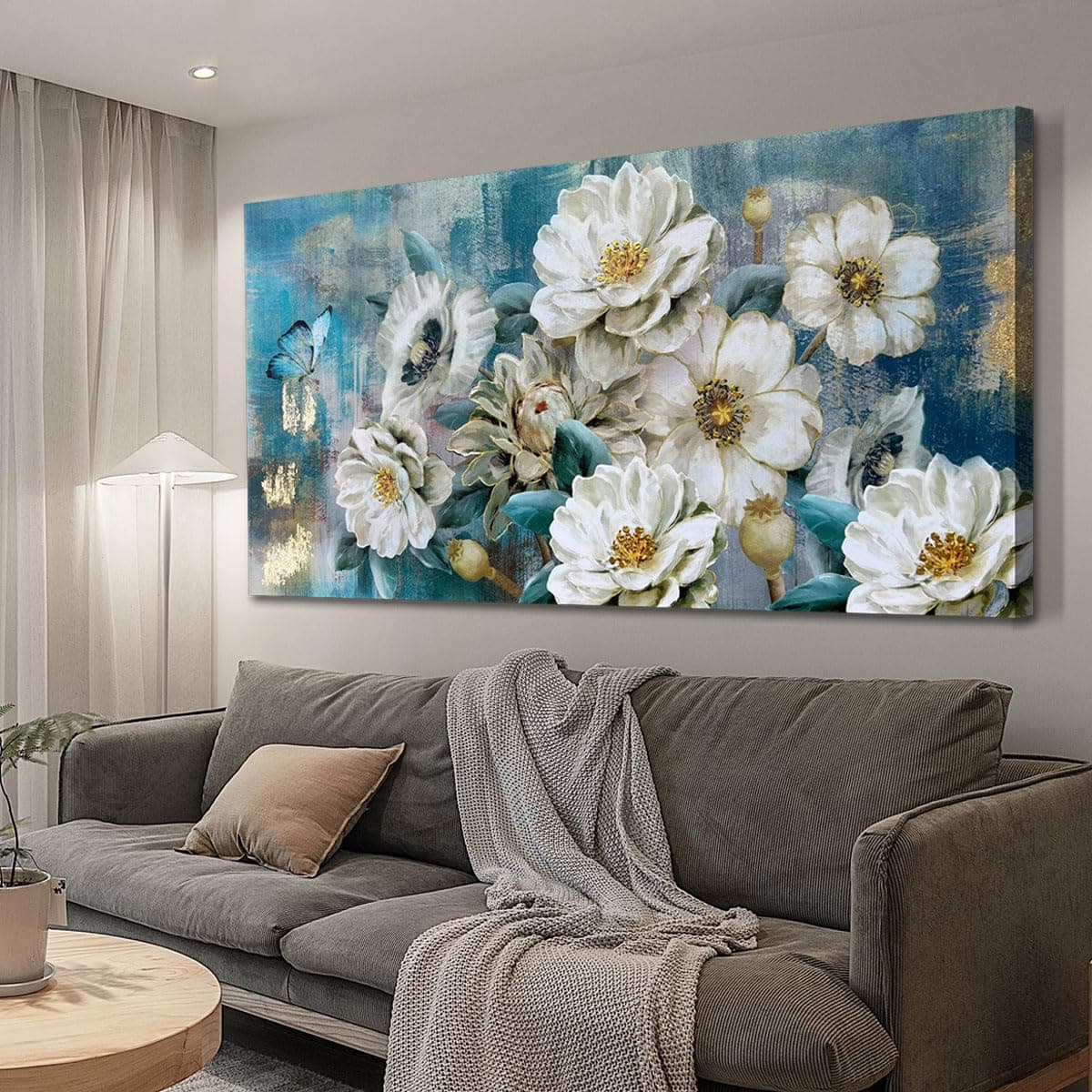 Arjun Big Size Flower Canvas Wall Art for Bedroom, White Elegant Teal Large Picture Textured Floral Magnolia Aesthetic Painting Living Room Wall Decor Turquoise Artwork Home Office 58"x29"
