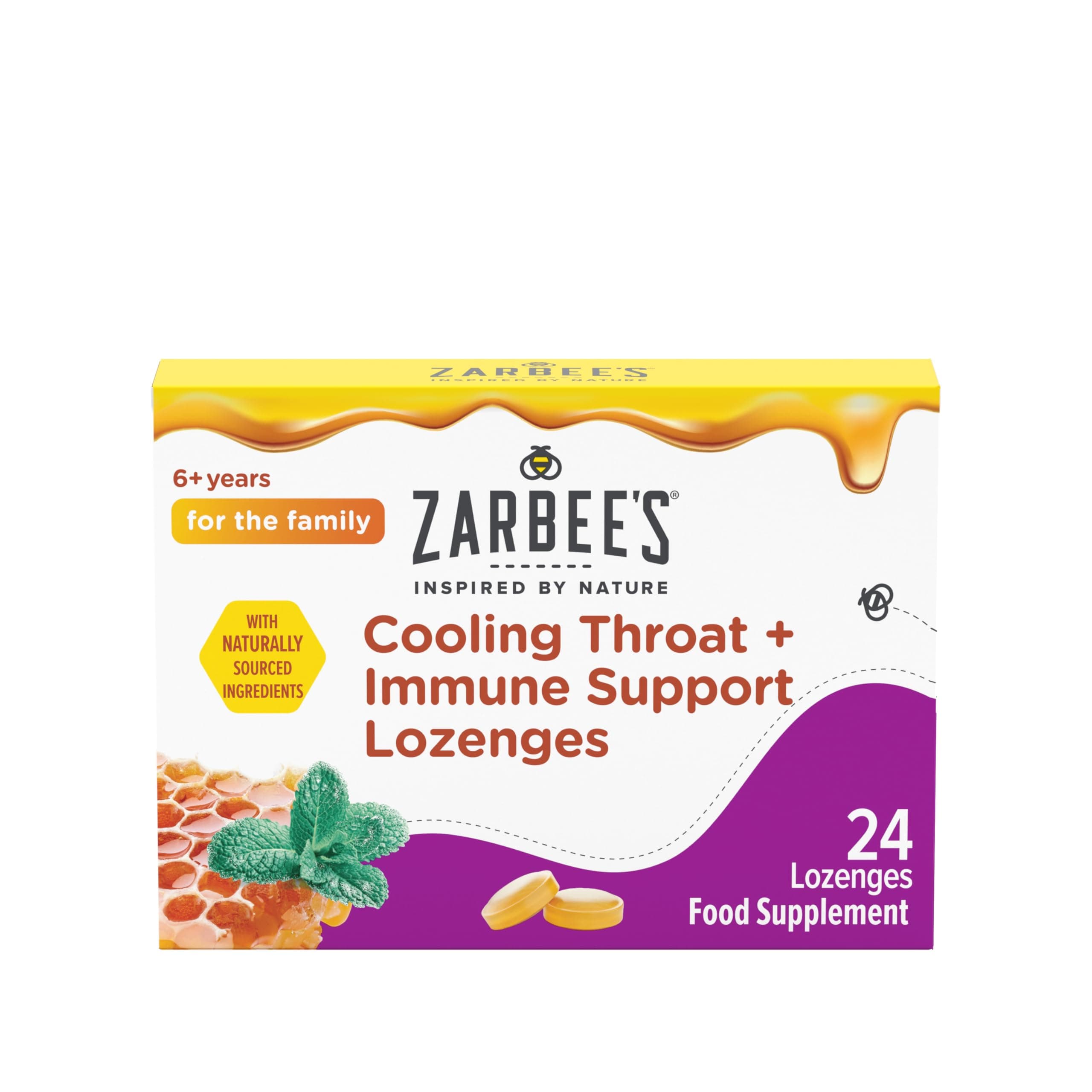 Zarbee’s Cooling Throat + Immune Support Lozenges, Calm and Cool your Throat (24 count) Real Honey, Peppermint Oil Extract with Vitamin C and Zinc, No Artificial Colours or Flavours