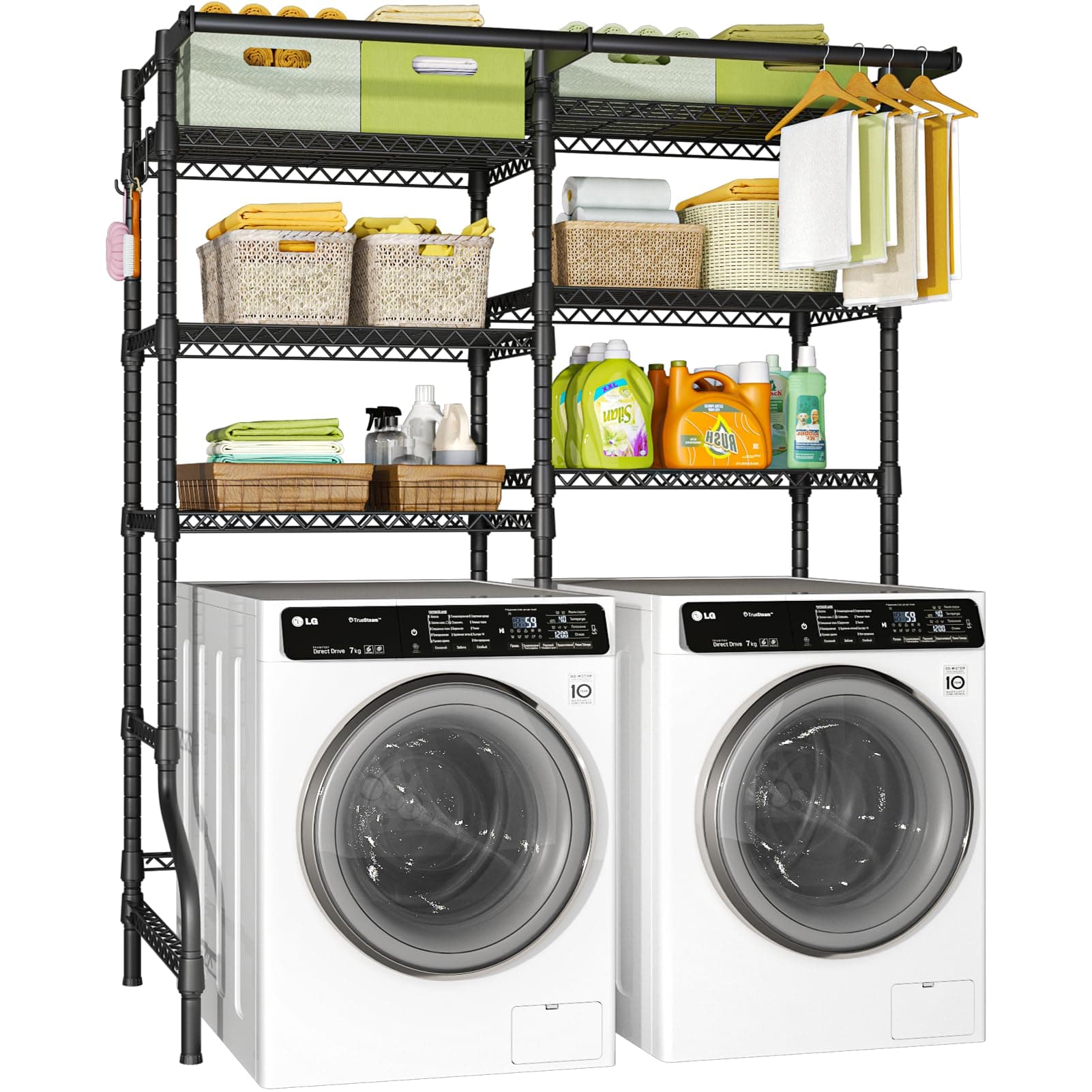 Ulif U13 Over Washer and Dryer Storage Shelves, 6 Tiers Laundry Room Standing Shelf with 2 Hanger Rods, Space Saver Clothes Drying Rack, 63.4" W x 22" D x 77.4" H, Black