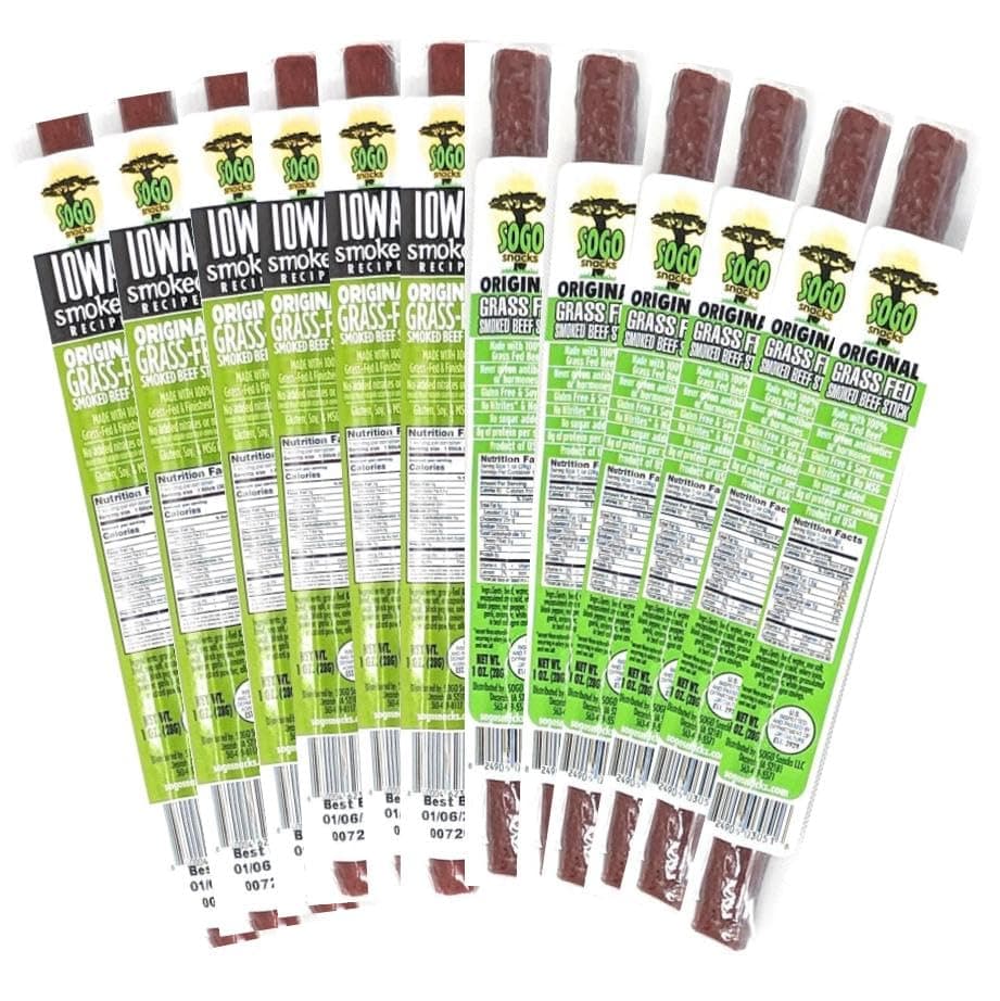 Original Flavor Variety, No Sugar, 100% Grass-fed/finished, Non-GMO Beef Stick. No Added Nitrates, Gluten, Soy, MSG, Dairy or Nuts. Keto, Whole30 & Paleo (12 Sogo Org, 12 IA Smoked Org, 24 1oz Sticks)