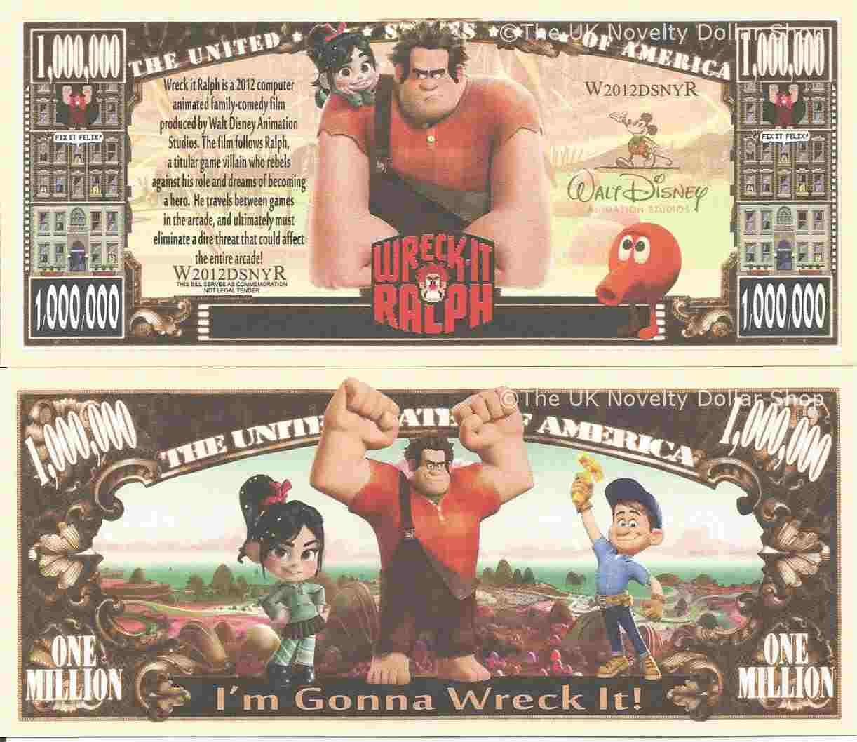 Wreck It Ralph Animated Family Comedy Film Million Dollar Bills x 2 Arcade Game