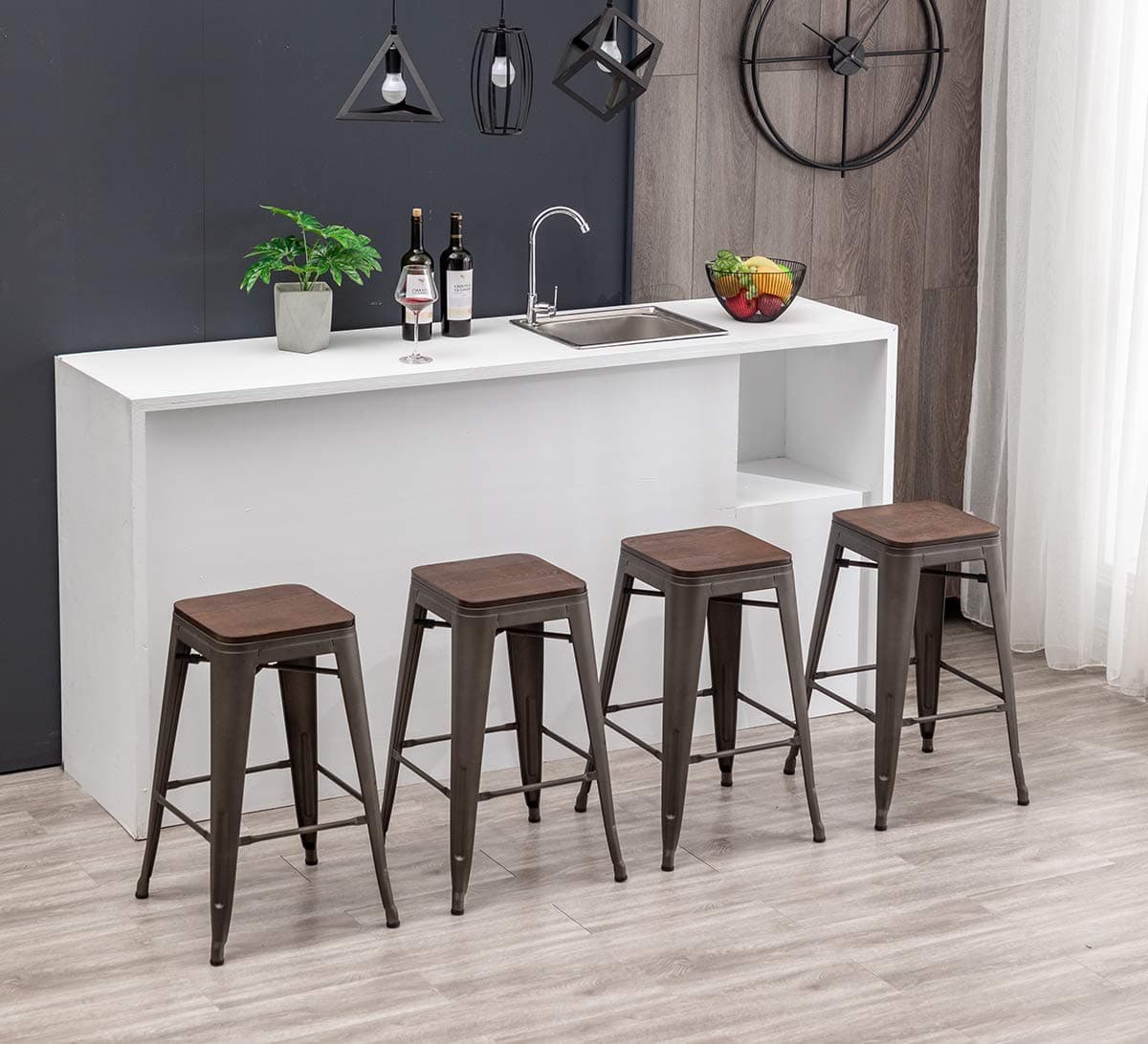 HAOBO Home 26" Backless Metal Counter Stool Height Barstools with Wooen Seat [Set of 4] Bar Stools