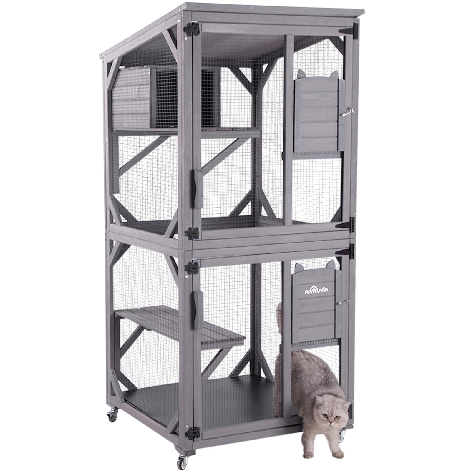 Cat House Outdoor Catio Cat Enclosures on Wheels 70.9" Kitty House with Upgraded Resting Box,Waterproof Roof
