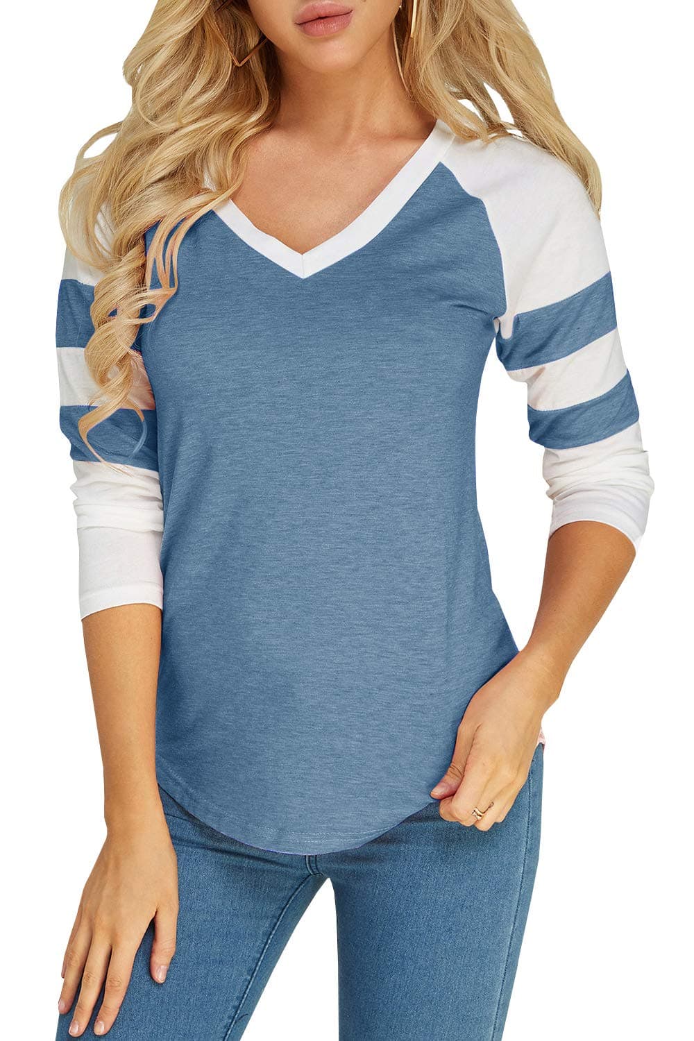 Foshow Womens Long Sleeve Baseball Tee Jersey Striped V Neck Blouses Tee Shirts