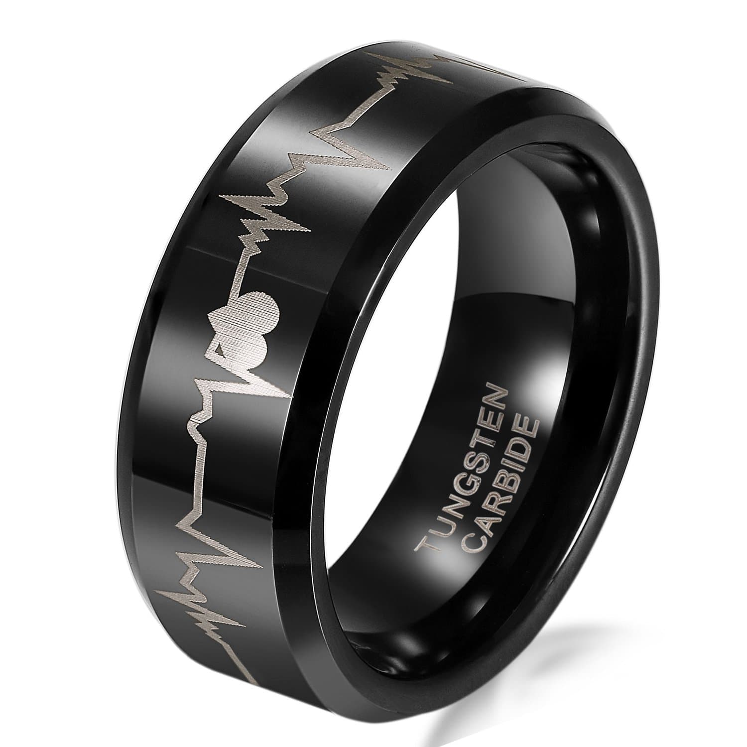 Tungsten Love 8mm Black Comfort Fit Tungsten Carbide Ring With Laser Forever Love Design Ekg Heart Beat Men's Aniversary/Engagement/Wedding Band