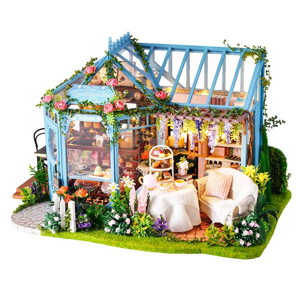 FsolisDIY Dollhouse Miniature Kit with Furniture, 4D Wooden Miniature House with Dust Cover and Music Movement, Miniature Dolls House Kit (Garden Tea House)