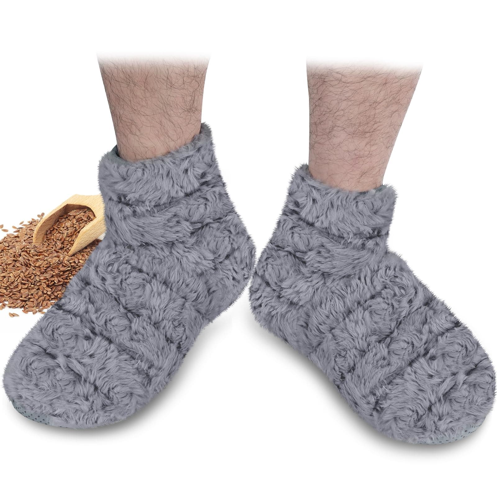 Microwavable Booties and Feet Warmers for Women & Men, Microwave Heated Foot Warmer with Flaxseed Moist Heat Therapy for Cold Feet, Gray, S/M