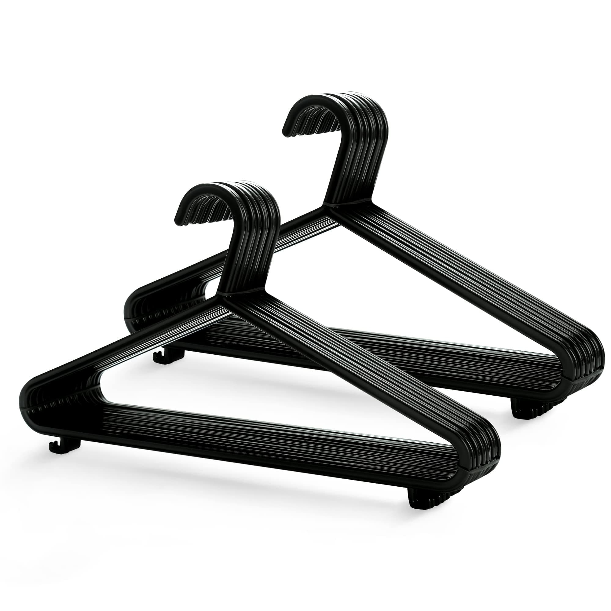 KEPLIN 25 Pack Adult Coat Hangers Black Colour Strong Plastic Clothes with Suit Trouser Bar and Lips (37.5cm Wide)