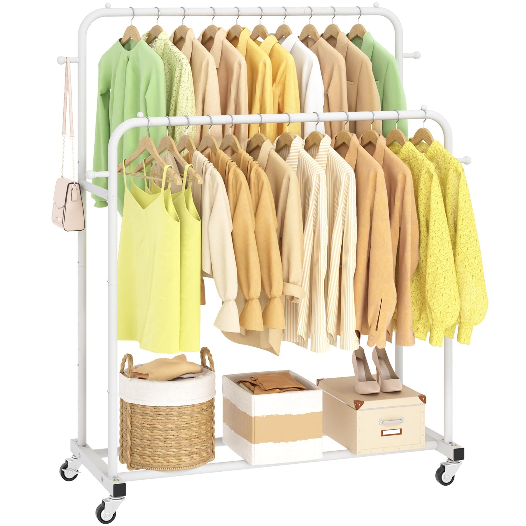 Double Rods Garment Rack with Wheels, Clothing Rack for Hanging Clothes,4 Hooks, Multi-functional Bedroom Clothes Rack, White