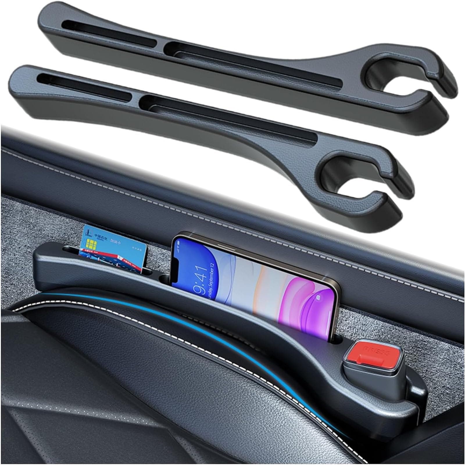 Car Seat Gap Filler, 2 Pack Car Gap Filler Prevents Things from Falling Out with Seat Belt Holes, Auto Crevice Blockers Fill Gap in Between Seat and Console, Universal for Most Cars, Trucks and, Black