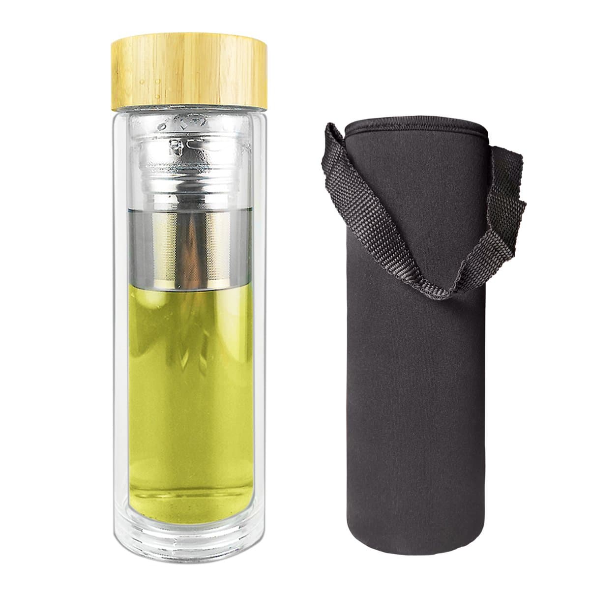 Tea Tumbler with Infuser Glass Bottle with Bamboo Lid | Fruit Infusion |14oz Clear Spill-proof Double-wall Glass Travel Mug Coffee Cool Bottle with Loose Leaf Strainer / Filter