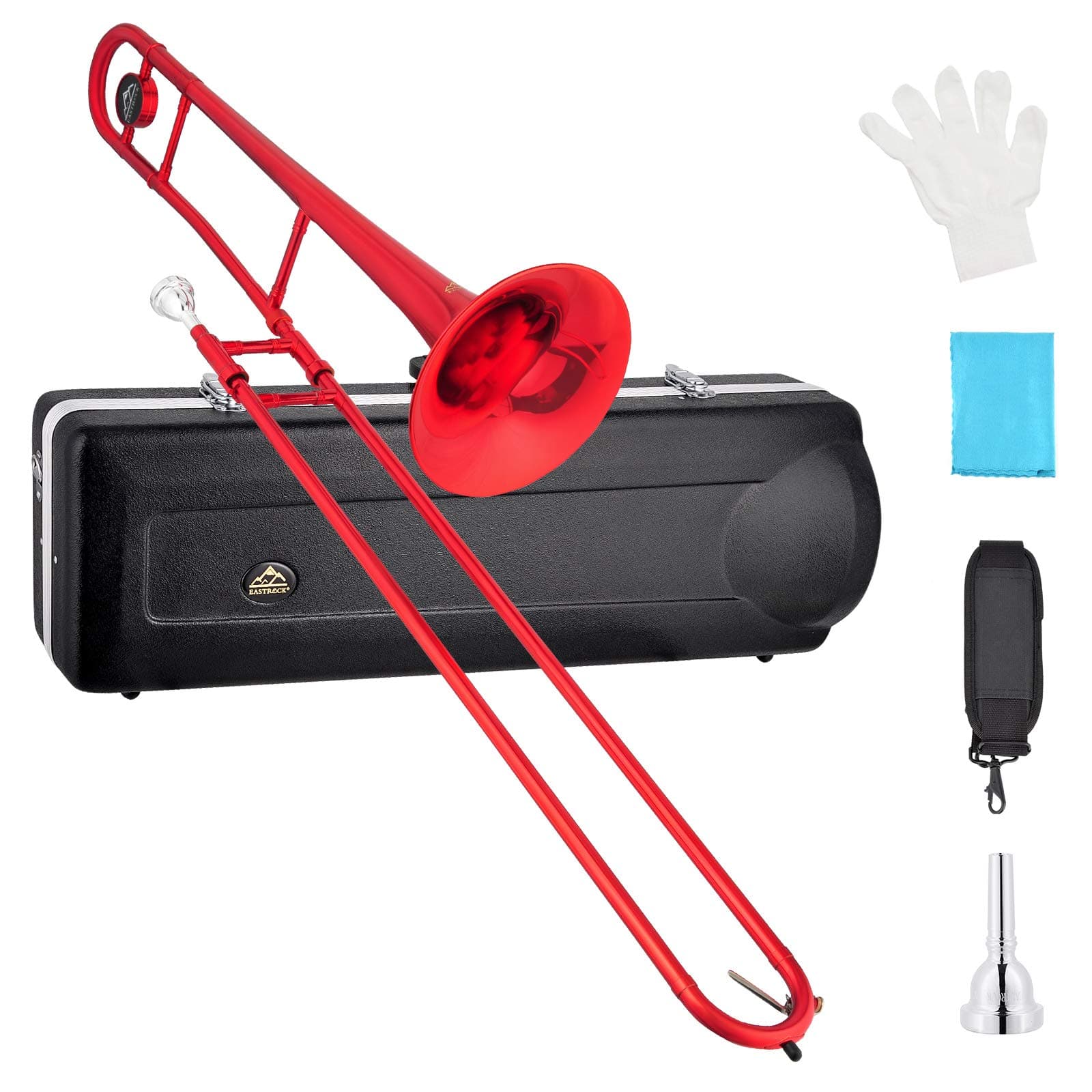 EASTROCK Bb Tenor Slide Trombone Brass Musical Instrument with Hard Case,Mouthpiece,Gloves,Cleaning Cloth for Beginners Standard Bell(7.87"/200 mm),Red
