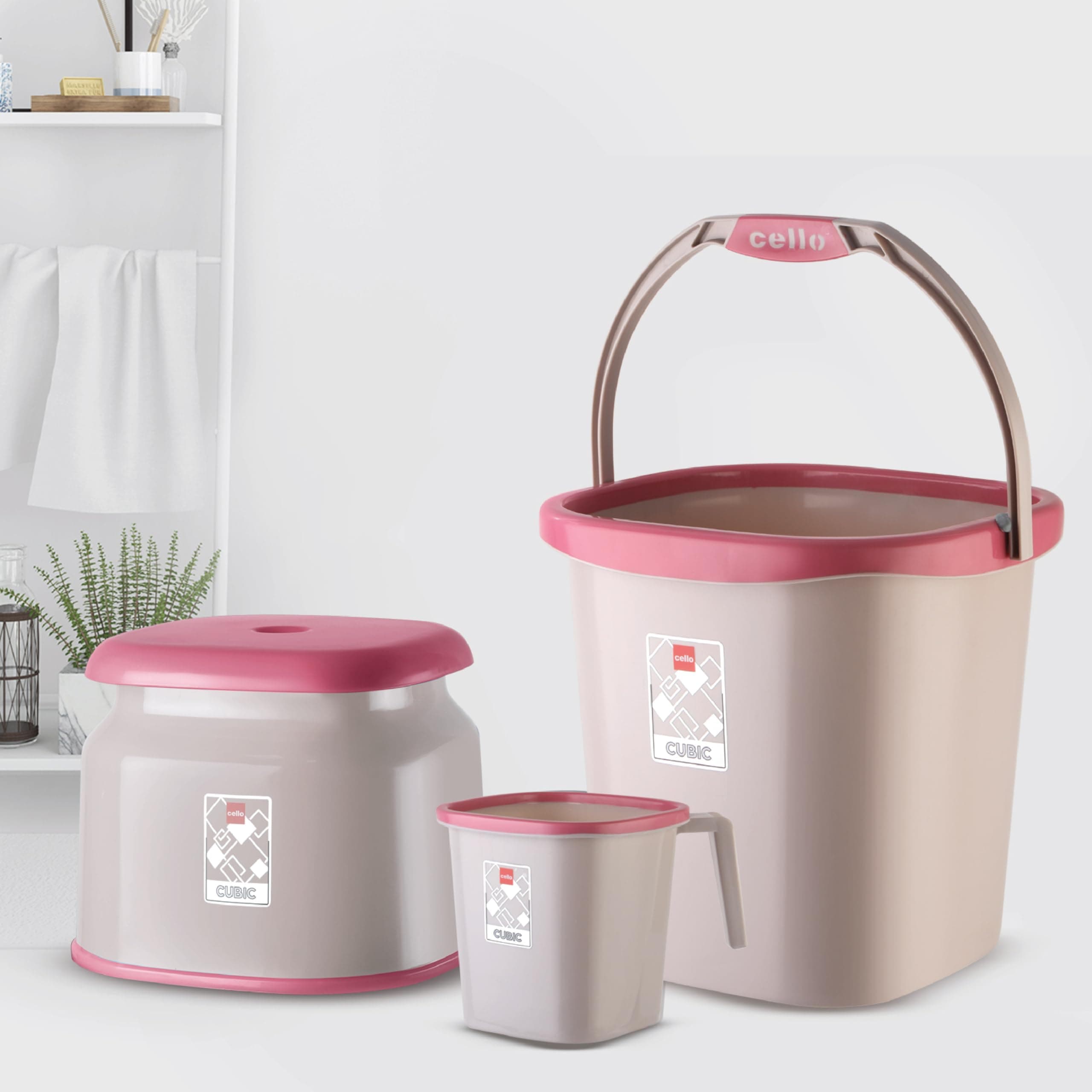 Cello Cubic 20 Bathroom Set | Sturdy and Durable | Cubic Set (Bucket 18 L + Stool + Mug 1.5 L) | Lightweight and Rigid | Easy to Clean and Attractive Design | Set of 3 | Pink