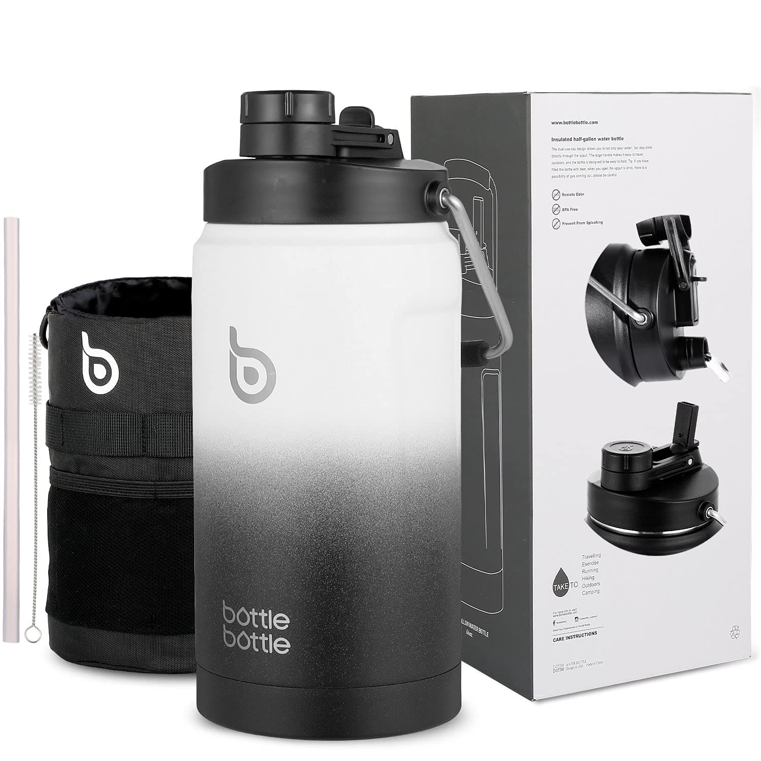 BOTTLE BOTTLE Insulated Water Bottle 64 oz with Straw and Dual-use Lid Half Gallon Water Jug Vacuum Stainless Steel for Workout and Sports Insulated Beer Growler with Handle(White Black)